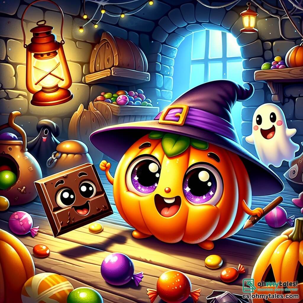 Ilustración que representa un pequeño caramelo de calabaza, redondo y naranja, con una cara sonriente y ojos chispeantes de emoción. Lleva un pequeño sombrero de bruja negro y una capa violeta de papel, saltando de alegría en medio de una habitación oscura llena de muebles viejos y polvorientos. Junto a él, una galleta de chocolate, con trozos de chocolate en su cara, muestra una expresión curiosa, sosteniendo una pequeña linterna que ilumina su camino. Un pequeño fantasma, con una cara amigable y un gran lazo rojo alrededor del cuello, se encuentra detrás de ellos, sonriendo y listo para jugar. El lugar principal es un viejo sótano misterioso, con paredes de piedra, telarañas en las esquinas y sombras danzantes creadas por la luz titilante de la linterna. Caramelos coloridos están esparcidos por el suelo, añadiendo un toque de magia a la atmósfera. La situación principal muestra a los personajes descubriendo un tesoro escondido de caramelos, rodeados de una atmósfera a la vez aterradora y alegre, con risas y expresiones maravilladas en sus rostros. Elementos gráficos adicionales incluyen estrellas brillantes en el techo, decoraciones de Halloween como calabazas sonrientes y fantasmas de papel colgados en las paredes, creando un ambiente festivo y lúdico.