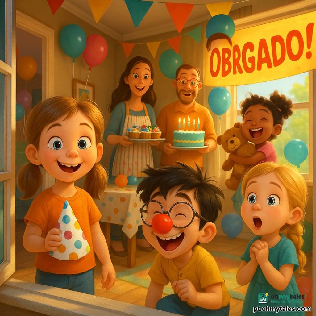 Menina de 6 anos, Lara, rosto radiante, olhos brilhantes, cabelo castanho claro em rabo de cavalo duplo, sorrindo, segurando um chapéu de festa de bolinhas, junto à janela; menino de ~6 anos, Tomás, cabelo preto bagunçado, óculos redondos levemente tortos, rindo e com nariz de palhaço vermelho, agachado à direita de Lara; menina de ~6 anos, Inês, cabelo loiro em trança, mãos juntas, olhando a faixa lá fora com olhos arregalados, à esquerda de Lara; menina de ~6 anos, Beatriz, cabelos castanhos escuros e encaracolados, abraçando um ursinho de pelúcia, saltitando atrás do grupo; mãe adulta de Lara, cabelos longos, avental listrado, segurando uma bandeja de cupcakes coloridos, junto à mesa de festa; pai adulto de Lara, barba rala, óculos, segurando um bolo com velas acesas, sorrindo ao lado da mesa; sala iluminada decorada com guirlandas coloridas, balões, chapéus de festa espalhados e uma grande mesa de madeira com toalha de bolinhas e bolo no centro; janela aberta para um jardim ensolarado com uma grande faixa amarela e letras vermelhas brilhantes dizendo OBRIGADO!; ambiente de cores vivas, texturas suaves, luz quente de fim de tarde, expressões muito expressivas, cena centrada na descoberta e alegria compartilhada.