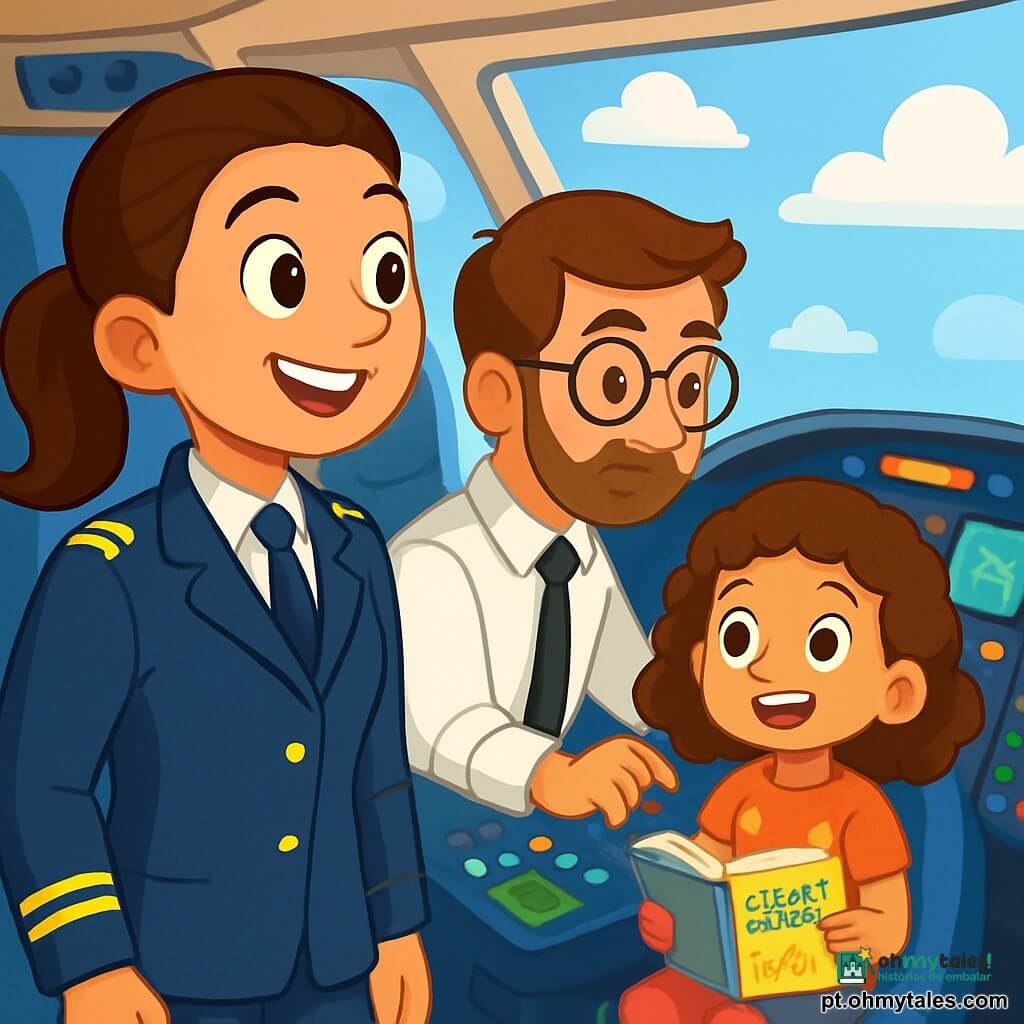 Uma mulher piloto, a Capitã Inês, está no cockpit de um avião, com um grande sorriso no rosto determinado. Ela usa um macacão de piloto azul-marinho com ombreiras douradas, e seus cabelos castanhos estão presos em um rabo de cavalo. Seus olhos brilham de excitação e confiança enquanto observa o céu azul com nuvens brancas. Ao seu lado, Tomás, um jovem copiloto de cerca de 30 anos, com cabelos castanhos e óculos redondos, consulta instrumentos de voo com uma expressão concentrada. Ele veste uma camisa branca e uma gravata preta, e se volta levemente para Inês, pronto para ajudar. Atrás deles, na cabine, uma menina chamada Lara, de cerca de 8 anos, está sentada com um caderno de viagem no colo. Ela tem cabelos cacheados e usa uma camiseta colorida com estrelas, olhando maravilhada para os pilotos, com um lápis na mão, pronta para desenhar. O cockpit é iluminado por luzes piscantes e instrumentos coloridos, com telas exibindo mapas de voo. A situação principal mostra Inês se preparando para a decolagem, explicando a Lara como funciona o cockpit, enquanto Tomás verifica os instrumentos. A excitação e a aventura estão no ar, enquanto eles se preparam para voar em direção a novos horizontes.