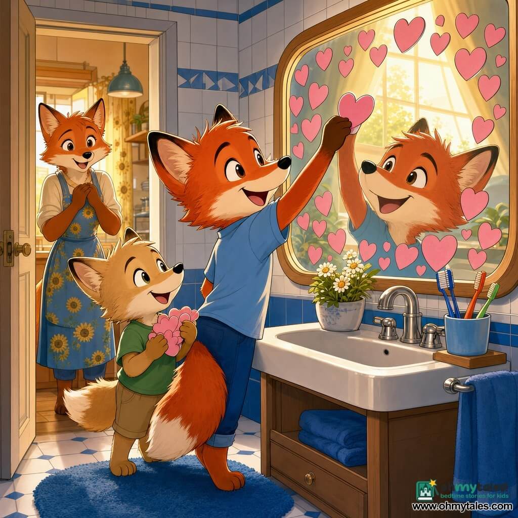 Main character: Franc, a small red anthropomorphic fox with a joyful, mischievous expression, bright eyes and a bushy tail, standing on tiptoe to stick a pink heart sticker on the large bathroom mirror. Secondary: his younger brother Finley, a small beige kit with soft fur and a playful smile, holding a stack of pink stickers and waiting his turn slightly behind and to Franc’s left. Important secondary: the mother fox, a warm silhouette in the kitchen doorway wearing a blue sunflower-patterned apron, surprised and moved with hands to her chest. Setting: a cozy bathroom with white and blue tiles, a toothbrush shelf and a small potted plant on the sink, the wide mirror reflecting golden morning light through the window. Scene: the brothers covering the mirror with heart stickers bearing little messages, warm colors and tender gestures, composition centered on the mirror to show faces and stickers in close-up.
