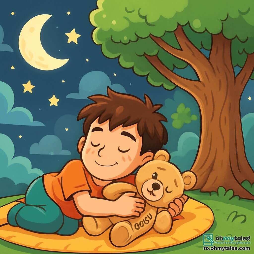 Un băiat de 10 ani, cu părul castaniu și ochii strălucind de curiozitate, stă întins pe un covor moale, ținând un ursuleț de pluș bej numit Bobiță la piept. Are un zâmbet blând și liniștit, obrajii ușor rumeniți, în timp ce își închide ochii, pregătindu-se să pătrundă într-un vis liniștit. Lângă el, un copac mare cu frunze verzi strălucitoare, cu un trunchi gros și noduros, pare să-i șoptească secrete liniștitoare. Ramurile se întind ușor, creând o umbră reconfortantă în jurul băiatului. Locul este un cer înstelat, plin de nori vaporoși și luminoși, unde luna strălucește cu o lumină argintie, iluminând scena cu o strălucire blândă. Stelele sclipitoare dansează în jur, adăugând o notă magică atmosferei. Situația principală arată băiatul respirând adânc, inspirând pace și armonie, în timp ce luna și copacul îl observă cu blândețe, creând un moment de liniște și serenitate înainte de somn.