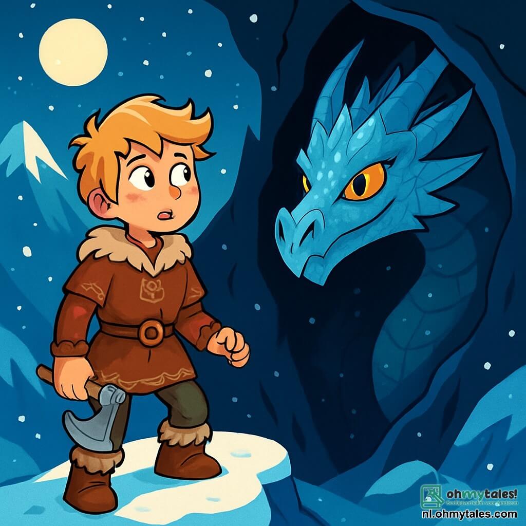 Een jonge Viking, Eirik, van ongeveer 12 jaar, staat moedig op de top van een besneeuwde berg. Hij heeft messy blond haar, stralende ogen vol vastberadenheid en draagt een bruine bont tuniek met Noordse patronen. Zijn gezicht toont intense nieuwsgierigheid en een lichte nervositeit terwijl hij naar een enorme donkere grot kijkt, waar de legendarische IJsdraak zich verbergt. Dichtbij komt de massieve schaduw van de IJsdraak tevoorschijn uit de grot. Zijn schubben schitteren als ijskristallen onder het maanlicht, en zijn vlammenogen lijken Eirik wijs te observeren. Het wezen, vriendelijk maar indrukwekkend, straalt een aura van mysterie uit. Het omringende landschap is spectaculair: besneeuwde pieken rijzen tegen een sterrenhemel, terwijl sneeuwvlokken zachtjes om hen heen vallen, wat een magische en vredige sfeer creëert. De scène is doordrenkt van een voelbare spanning terwijl Eirik zich voorbereidt om het geheim van de draak te ontdekken, een cruciaal moment in zijn avontuur.