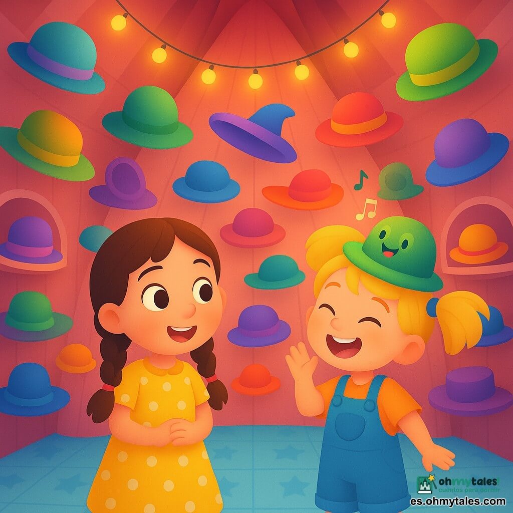 Hay tres personajes: Lucía, niña de unos 8 años con trenzas castañas y vestido amarillo de lunares blancos, a la izquierda sonriendo asombrada; Marta, niña de unos 8 años con coletas rubias y peto azul, a la derecha con un pequeño sombrero verde parlante puesto ladeado que parece cantar y hace reír a las niñas. Están en el interior de un salón de sombreros mágico en forma de gran cono, con paredes de madera pintadas salmón rosado, estantes circulares llenos de sombreros flotantes multicolores, guirnaldas de luces amarillas y suelo de baldosa azul cielo con motivos de estrellas; varios sombreros flotan a su alrededor como burbujas de colores. Ambiente estrafalario y absurdo, colores saturados, texturas suaves y formas redondeadas.