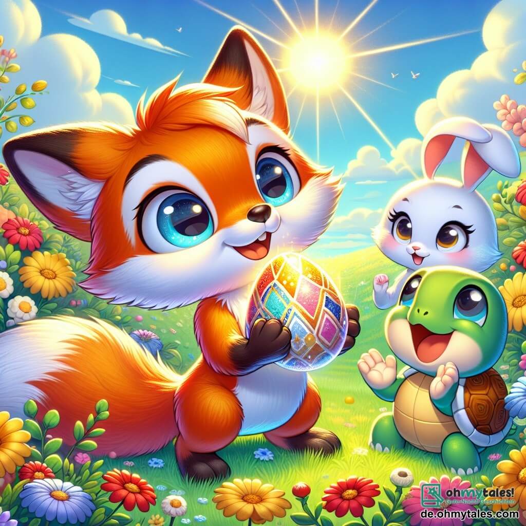Ein kleiner Fuchs namens Felix mit leuchtend orangefarbenem Fell und großen neugierigen Augen steht im Zentrum eines bunten Blumenfeldes, lächelt staunend und hält ein glänzendes Ei in seinen Pfoten. Rechts von ihm schaut ein kleines weißes Kaninchen namens Lina mit großen Ohren und einem schüchternen Blick Felix mit weit aufgerissenen Augen an, beeindruckt von der Schönheit des Eies. Links applaudiert eine fröhliche Schildkröte namens Max mit ihrem grünen Panzer und einem breiten Lächeln begeistert, ihre kleinen Pfoten in die Luft erhoben. Der Ort ist ein sonniges Feld voller leuchtend roter, gelber und blauer Blumen unter einem hellblauen Himmel mit flauschigen weißen Wolken. Die Hauptsituation zeigt Felix, der das magische Ei entdeckt, umgeben von seinen Freunden, die alle von der Magie von Ostern begeistert sind.