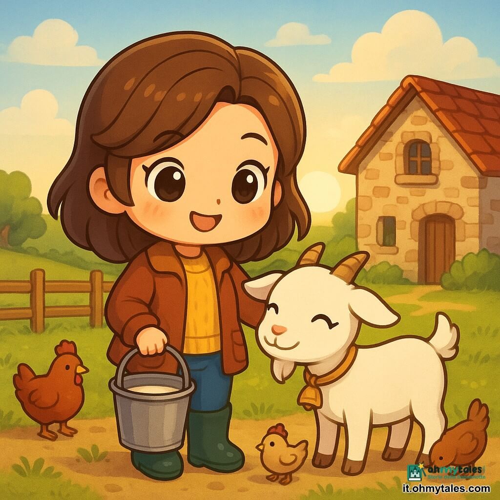 Marta, un'agricoltrice sorridente e determinata, indossa stivali di gomma e una giacca di lana. Tiene un secchio di latte fresco in una mano e accarezza una capra bianca con l'altra. Accanto a lei, una capra di nome Bella, con un piccolo campanello al collo, sta gioiosamente vicino a Marta. Lo sfondo è una fattoria pittoresca con una vecchia casa in pietra, campi verdi e un cielo leggermente nuvoloso. La scena principale mostra Marta e Bella davanti alla casa, circondate da alcune galline che beccano il terreno, mentre il sole sorge all'orizzonte, inondando la scena di una dolce luce dorata.