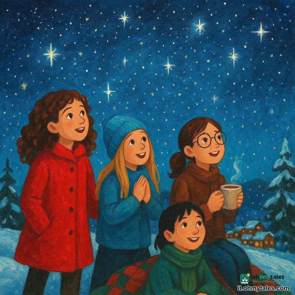Ci sono 4 bambini: Sofia, una ragazza di 12 anni, ha capelli castani ricci e indossa un cappotto rosso vivo. È a sinistra, guardando con meraviglia il cielo stellato. Giulia, una ragazza di 11 anni, ha capelli biondi e lunghi, indossa un berretto di lana blu. È accanto a Sofia, con le mani giunte per l'eccitazione. Marta, una ragazza di 12 anni, ha occhiali rotondi e capelli castani legati in una coda di cavallo. È a destra, tenendo una tazza di cioccolata calda fumante. Elisa, una ragazza di 11 anni, ha capelli neri e corti, indossa una sciarpa verde. È seduta su una coperta, sorridendo mentre guarda le stelle. Il luogo è una collina innevata che domina un villaggio illuminato. La neve scintilla sotto la luce delle stelle e alberi di Natale coperti di neve circondano la scena. Il cielo è una cupola di notte profonda, punteggiata di migliaia di stelle brillanti. La situazione principale mostra i bambini meravigliati da un cielo stellato eccezionalmente luminoso. Le stelle sembrano danzare e formare motivi magici, illuminando i loro volti con una luce soffusa e creando un'atmosfera fiabesca e accogliente.