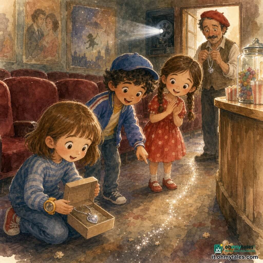 Una bambina di 6 anni sognante e concentrata, occhi grandi e brillanti, capelli castano chiaro corti con frangetta, con una lente gialla al polso e un maglione a righe blu, è inginocchiata vicino a un corridoio del cinema guardando a terra e tenendo delicatamente una piccola scatola di cartone aperta; un ragazzo di circa 7 anni, entusiasta, capelli ricci neri, con un berretto blu e giacca sportiva, sta dietro di lei indicando una scia scintillante sul pavimento; un'altra bambina di circa 6 anni, gioiosa con due trecce brune e un vestitino rosso a pois bianchi, applaude vicino a una fila di poltrone di velluto; un uomo di circa 50 anni, il proiezionista, dal volto caldo e piccolo baffo, con un basco rosso tiene timidamente una collana argentata a forma di cuore accanto a una piccola cabina di proiezione aperta; interno di un cinema di quartiere con file di poltrone bordeaux, pavimento leggermente consumato con briciole di popcorn, un banco di dolci in legno chiaro e pareti con locandine colorate, luce soffusa che rende visibile la polvere di pellicola; situazione: i bambini trovano la collana scomparsa nella scatola e seguono una sottile scia luccicante di zucchero verso il bancone, espressioni di meraviglia e sollievo, composizione centrata, colori pastello ad acquerello, texture sfocate e riflessi luminosi sul metallo della collana.