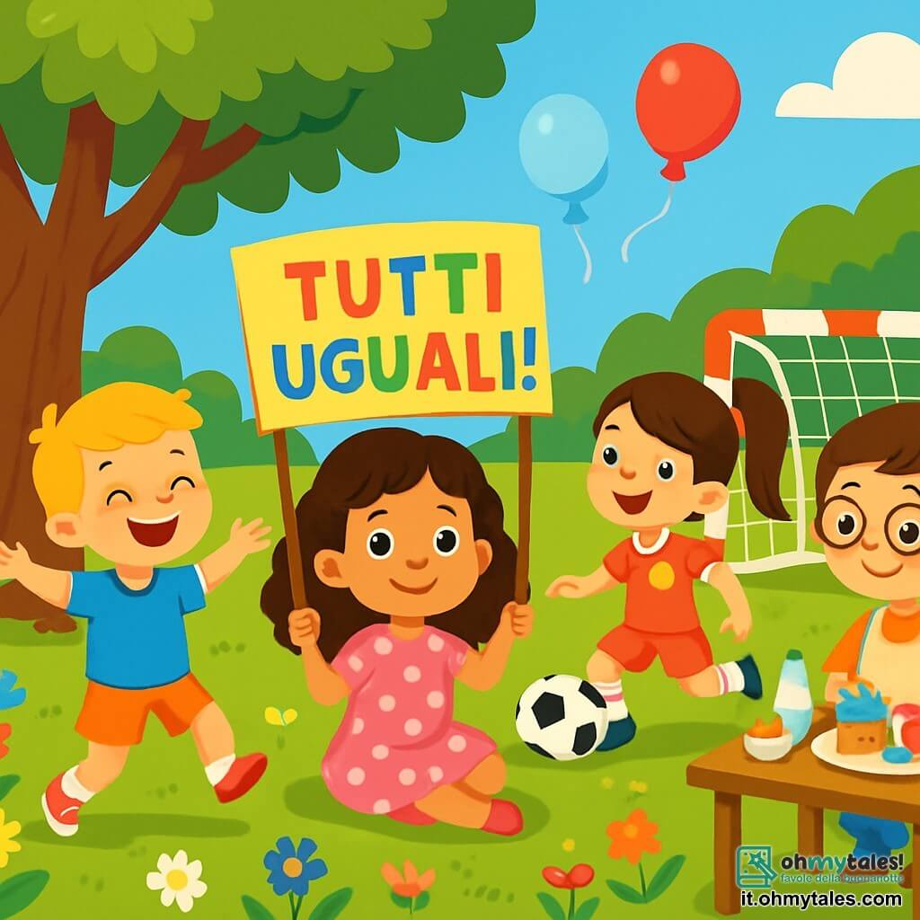 Ci sono 4 bambini: Emma, una ragazza di 7 anni con capelli ricci e castani, indossa un vestito rosa a pois bianchi e si trova sotto un grande albero, tenendo un cartello colorato con la scritta "Tutti uguali!". Luca, un ragazzo di 7 anni con capelli corti e biondi, indossa una maglietta blu e pantaloni corti, danza felicemente accanto a Emma con un grande sorriso. Sara, una ragazza di 7 anni con capelli lunghi e lisci raccolti in una coda di cavallo, indossa una maglia da calcio rossa e sta segnando un gol in una partita di calcio, proprio di fronte a Emma e Luca. Marco, un ragazzo di 7 anni con capelli castani e occhiali, indossa un grembiule da cucina e sta preparando dolci colorati su un tavolo vicino, con ingredienti sparsi intorno a lui. Il luogo è un parco soleggiato, pieno di fiori multicolori, grandi alberi verdi e risate di bambini. Palloncini fluttuano nell'aria e ci sono giochi sparsi ovunque, creando un'atmosfera festosa e gioiosa. La scena principale mostra i bambini che celebrano la loro festa dell'uguaglianza, giocando insieme, ballando e divertendosi, dimostrando che ognuno può fare ciò che ama, senza distinzione di genere.