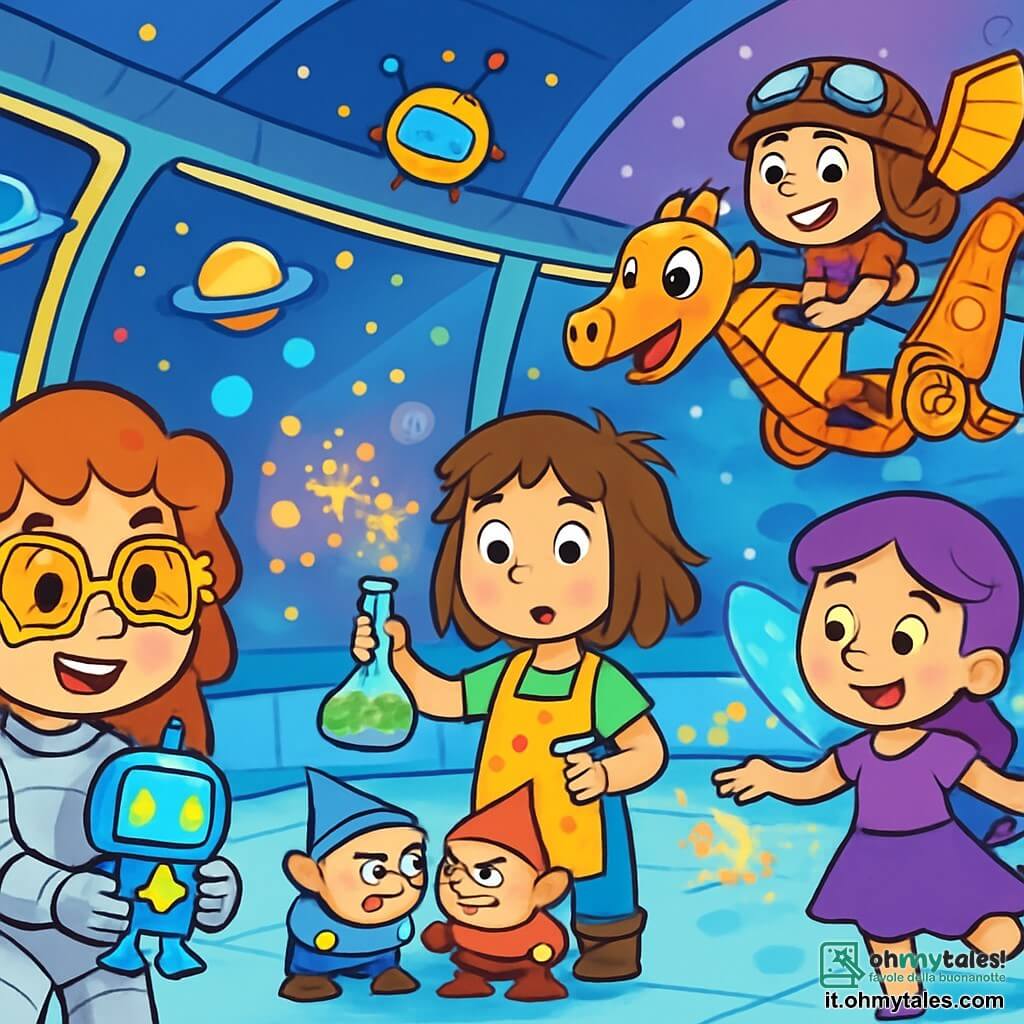 Ci sono 4 personaggi: - Milla: una ragazza di 8 anni con capelli ricci e occhiali a forma di stella. Indossa una tuta spaziale argentata e tiene un piccolo robot luminoso tra le mani. - Viola: una ragazza di 7 anni con ali scintillanti e un vestito viola. Sta lanciando scintille magiche nell'aria, circondata da bolle colorate. - Gioia: una ragazza di 9 anni con capelli disordinati e un grembiule macchiato. Tiene un flacone fumante e guarda con curiosità i gnomi che litigano. - Lulù: una ragazza di 6 anni con un cappello da pilota e un sorriso malizioso. È in equilibrio su un drago meccanico che vola in cerchi attorno agli altri personaggi. L'ambientazione è nella stazione spaziale di Zuccheroplanet, un luogo futuristico con muri di vetro trasparente, luci scintillanti e macchine volanti che fluttuano nell'aria. Le stelle brillano attraverso le finestre e colori vivaci illuminano ogni angolo della stazione. La situazione principale mostra le quattro amiche che cercano di calmare il caos provocato dai gnomi in lite, mentre i robot volano attorno a loro, creando un vortice di colori e magia. I personaggi stanno pensando a una soluzione per ripristinare l'armonia nella stazione.