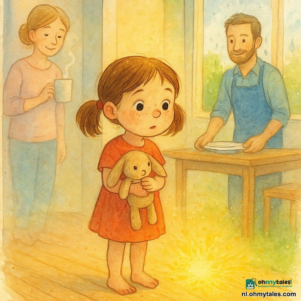 Een zesjarig meisje, verwonderd, met rond gezicht, sproeten en bruine staartjes, blootsvoets op een licht houten vloer, houdt een versleten beige konijntje vast en kijkt naar een gouden zonvlek; moeder met blond omhooggebonden haar staat bij de keukendeur links met een dampende mok, licht onscherp zodat het meisje op de voorgrond blijft, vader met lichte baard en blauw schort plaatst rechts bij de keukentafel een bord en kijkt glimlachend toe; het raam staat open met een warm zonnestraal en regendruppels op het glas, buiten een klein lentetuintje met sleutelbloemen en groen gras, zachte, lichte sfeer in pastelkleuren (warme geel-, zachte groentinten, honinghout, bleekroze en luchtblauw), aquarelachtige penseelstreken, zachte randen en gecontroleerde spatters rond de lichtvlek — een rustige lentemorgen waarop het meisje het gouden licht bewondert terwijl haar ouders liefdevol toekijken.