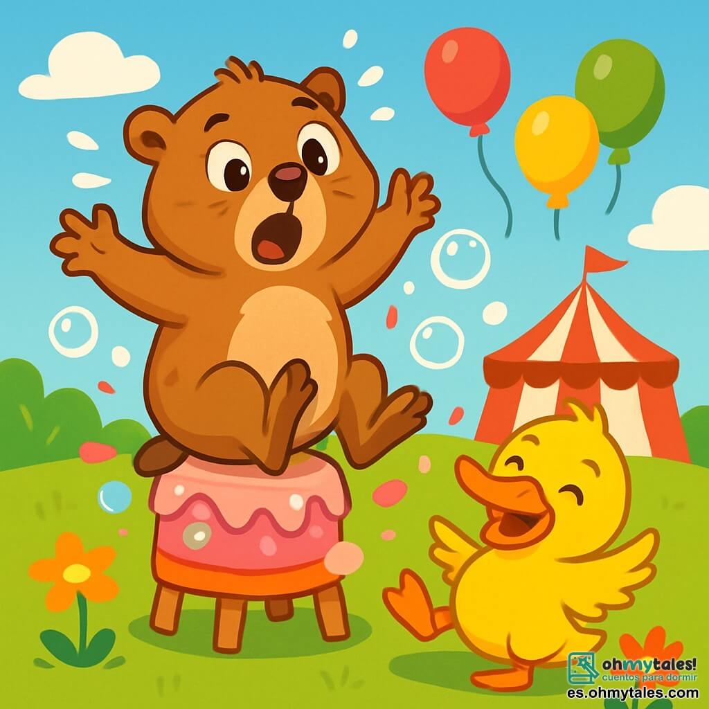 Una marmota llamada Lula, con un pelaje marrón suave y ojos redondos y brillantes, está sentada en un taburete que baila. Tiene una expresión de sorpresa y alegría, con las patas levantadas en el aire. A su lado, un pato llamado Pepe, con plumas amarillas brillantes y una gran sonrisa, se desliza torpemente por el suelo riendo. La escena se desarrolla en una pradera soleada, rodeada de flores coloridas y una carpa de circo a rayas rojas y blancas al fondo. Globos flotan en el cielo azul, añadiendo un toque festivo a la atmósfera. Lula, en equilibrio sobre su taburete, está a punto de caer en un gran pastel rosa, mientras burbujas de sopa estallan a su alrededor, creando una explosión de colores y risas.