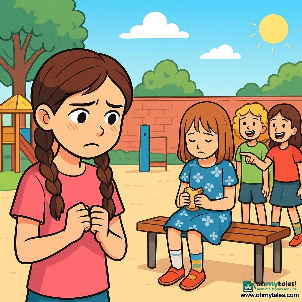 A 10-year-old girl, Maya, stands in the middle of a sunny schoolyard, with braided brown hair and a pink t-shirt. She looks worried, with furrowed brows and clenched hands, observing a sad scene. Next to her, another girl, Zoe, also 10, sits on a bench with her head down, wearing a blue floral dress and mismatched colorful socks. She appears sad and isolated, holding a half-eaten sandwich. A group of three children, led by Olivia, a 10-year-old with curly blonde hair, stands a few steps away, laughing and pointing at Zoe with mocking expressions. The yard is surrounded by brick walls, with green trees and colorful wooden play equipment in the background. The situation shows Maya hesitating to approach Zoe to talk, while Olivia and her friends continue to mock, creating a tense and emotional atmosphere.