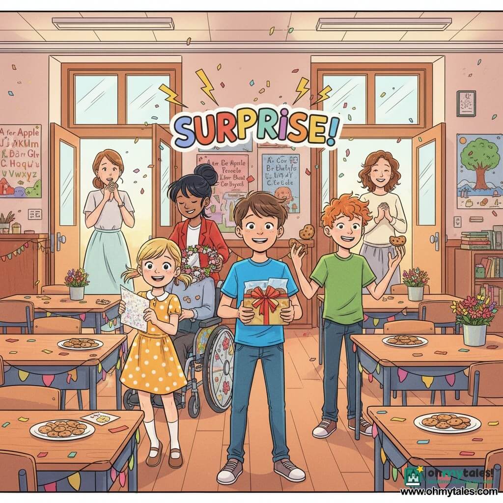 Six characters in a bright classroom: Ethan (9, short brown hair, bright blue T‑shirt and jeans) stands center front holding a ribbon‑decorated box of cookies and smiling; Lily (8, blonde pigtails, yellow polka‑dot dress) left of Ethan offers a glittery card; Max (9, tousled red hair, green T‑shirt) right of Ethan clumsily juggles three cookies; Mia (10, black ponytail, red jacket) sits in a floral wheelchair behind Ethan placing a flower crown on the table; two mothers enter from rear doors—Ethan’s (~35, light brown hair tied, pastel dress) hand to mouth, surprised and tearful, and Lily’s (~32, curly brown hair, cream blouse) smiling with hands at her chest; warm, morning‑lit classroom with wooden tables, colorful garlands, alphabet posters, flower boxes and plates of cookies on a central table; children shout “Surprise!” with confetti in the air and a festive, joyful atmosphere.