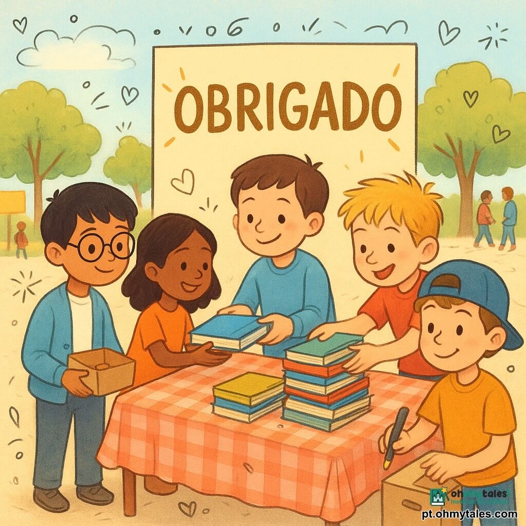 Quatro crianças: Tomás, 9 anos, cabelos castanhos curtos, cardigan azul-claro, ao centro arrumando livros; Martim, 9 anos, cabelos loiros despenteados, t-shirt vermelha, à direita empilhando livros; Rui, 9 anos, cabelos negros lisos e óculos redondos, à esquerda segurando uma caixinha para moedas; Diogo, 9 anos, cabelo castanho claro e boné ao contrário, à frente tocando um cartaz com a palavra OBRIGADO em dourado. Cena numa pátio escolar ensolarado com mesas cobertas por toalhas xadrez, árvores ao fundo e famílias passeando; os quatro organizam uma mesa da Feira das Trocas cheia de livros por temas, sorriem e ajudam uma menina que estende um livro, atmosfera colaborativa, cores vivas e estilo infantil com doodles decorativos.