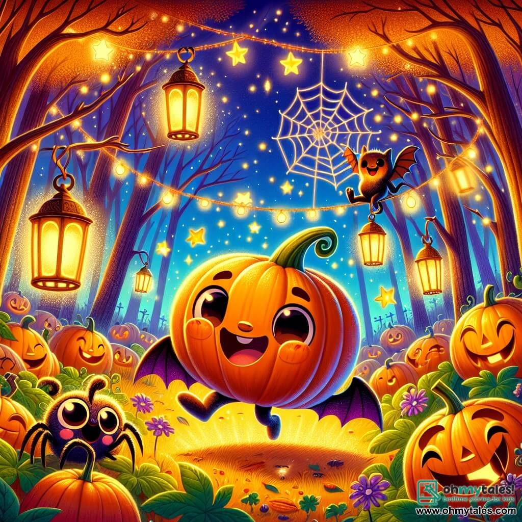 In an enchanted forest, a cheerful little pumpkin named Pippin, round and shiny with a big smile and sparkling eyes, dances in the middle of his patch, illuminated by a magical lantern that twinkles around him. Next to him, Benny, a small bat with shimmering wings, joyfully flies in pirouettes, his face beaming with excitement. Lila, a mischievous spider with delicate legs and playful eyes, weaves sparkling webs on the branches, laughing joyfully. The setting is a vibrant pumpkin patch, surrounded by trees with golden leaves and twinkling stars in a night sky, creating a magical and festive atmosphere. The main scene shows Pippin and his friends preparing for a Halloween party, happily decorating their patch with glowing lanterns and spider webs, filled with laughter and friendship.