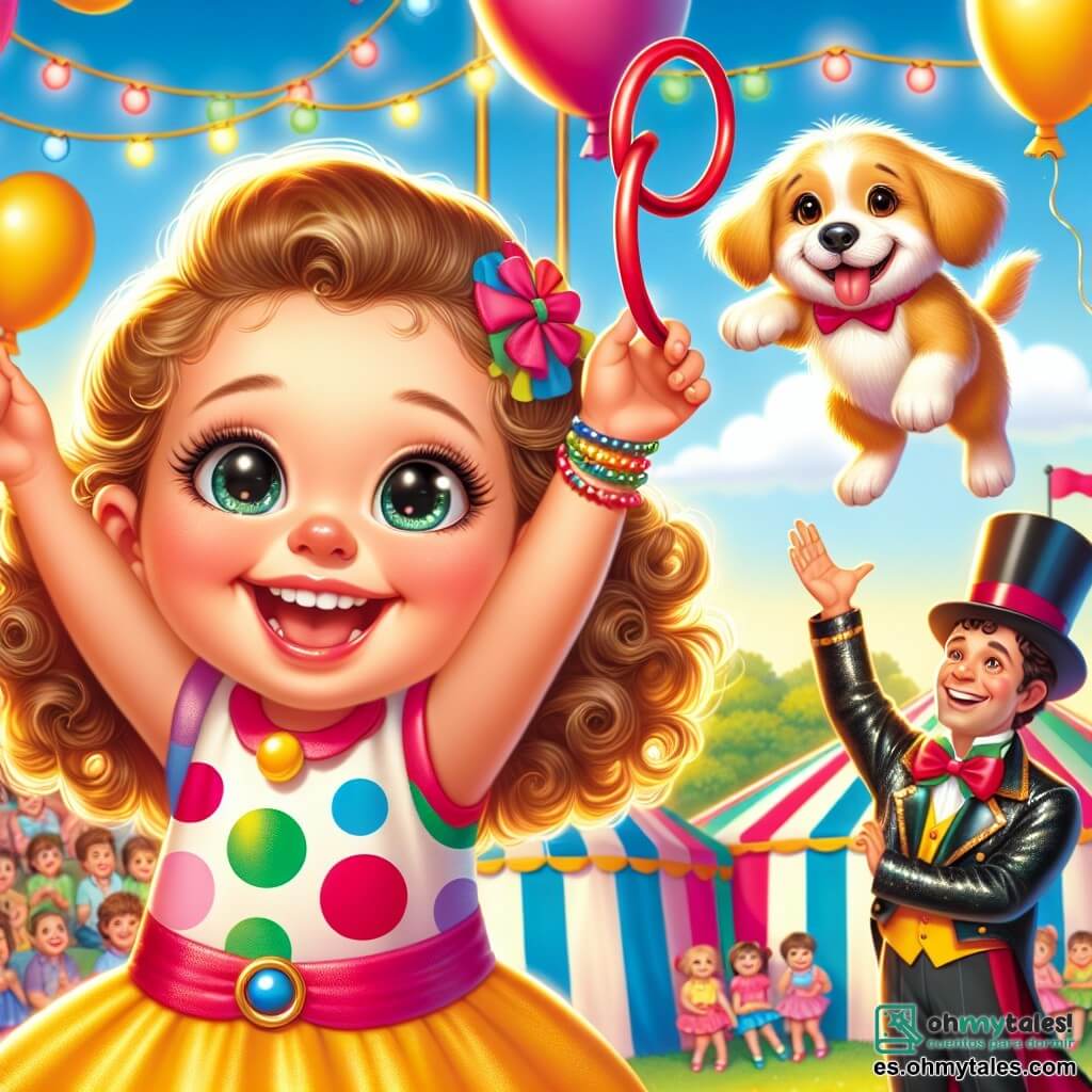 Una niña de 4 años, con grandes ojos brillantes y cabello rizado, lleva un vestido colorido con lunares y una gran sonrisa. Sostiene un pequeño aro de plástico, lista para ayudar a un perro. A su lado, un entrenador de circo de unos 30 años, con un gran sombrero y una chaqueta brillante, sonríe orgulloso mientras anima al perro. El perro, un pequeño golden retriever llamado Max, salta a través de un aro, con las orejas al viento. La escena tiene lugar en un parque soleado, lleno de carpas de circo coloridas, globos flotantes y espectadores asombrados. Las luces brillantes iluminan el ambiente festivo. La situación principal muestra a la niña emocionada levantando el aro mientras Max se prepara para saltar, creando un momento de alegría y anticipación en el circo.
