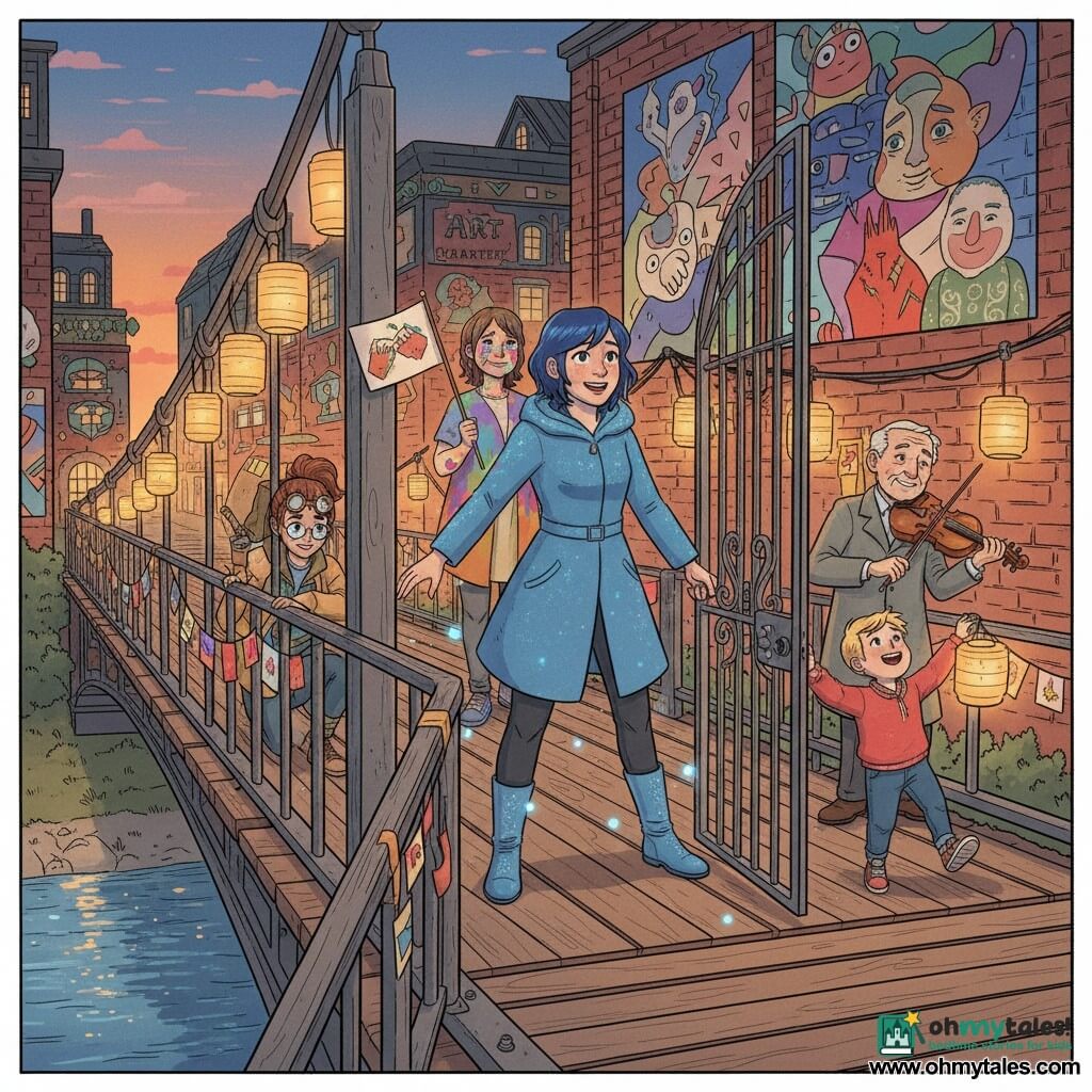 Mira Bright, a brave young woman with a radiant face, short midnight-blue hair and a gentle smile, in a shimmering blue coat and glowing boots, stands at the center of an old wooden pedestrian bridge opening a large metal gate with a determined, joyful expression; Lena, a young inventor of about 14 with brown hair in a ponytail and round glasses on her head, crouches left of Mira with a flashlight and a backpack of tools; Tori, a painter around 20 with paint-splattered features, holds a small hand-painted flag behind Mira, moved and grateful; an elderly violinist in a gray coat plays a cheerful tune on the right; a blond boy of about 6 jumps for joy holding a paper lantern in the foreground right; the scene is a warm, optimistic celebration at dusk over a shimmering river, bridge rails hung with painted flags, paper lanterns casting warm light, Art Quarter brick walls with colorful murals behind, small lights sparkling underfoot, soft detailed style with rounded features and visible wood, metal and paint textures, warm palette of oranges, deep blues, reds and greens.
