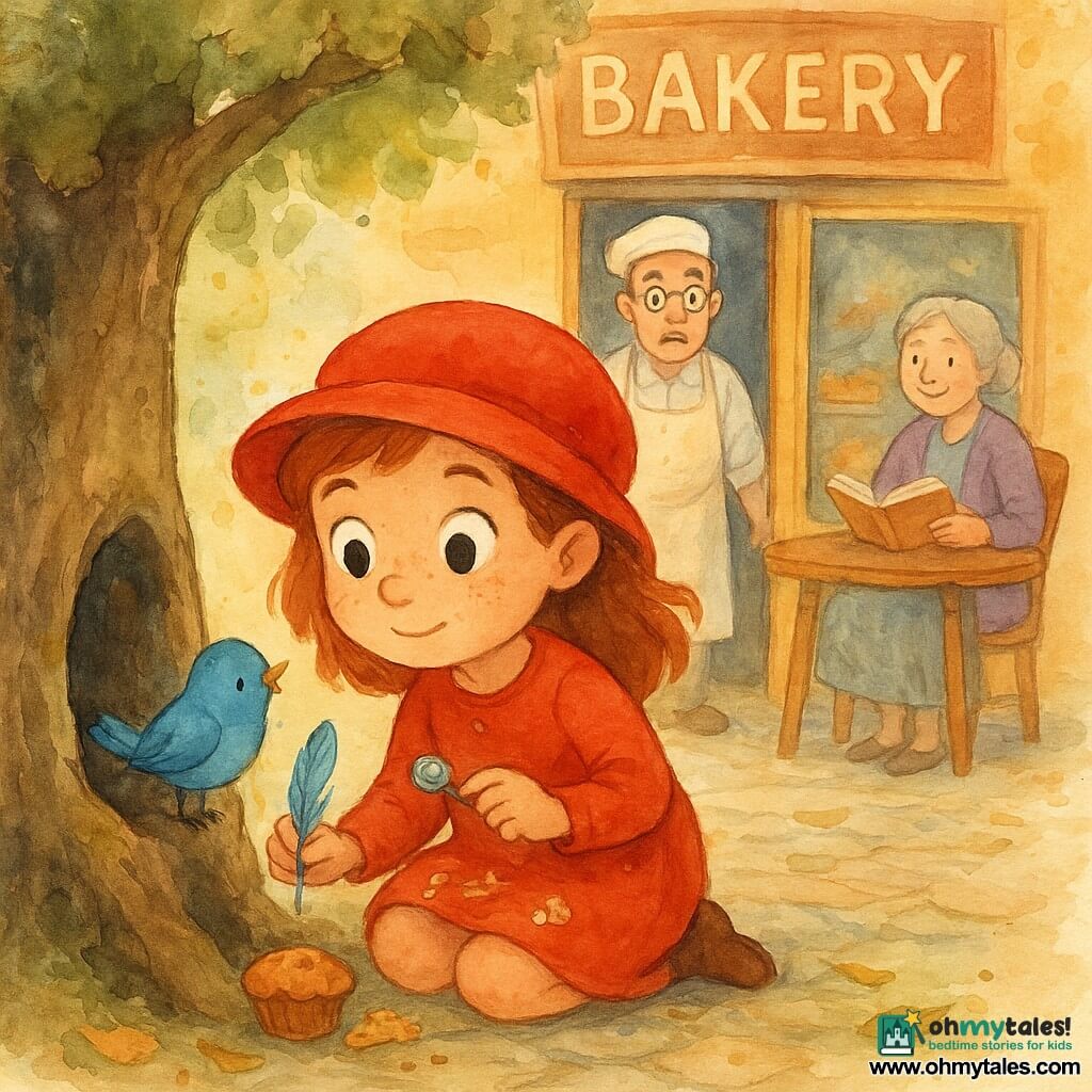 The protagonist is a young girl, Mia, wearing a round red hat with freckles and a focused smile, crouched holding a small silver button and a blue feather, muffin crumbs on her knees; a secondary character is Mr. Bumbles, the baker, with round glasses and a flour‑stained white apron standing kindly surprised in the bakery doorway; another is Granny May, a gentle grandmother with gray hair in a bun, seated at an outdoor table reading and smiling; a small round mischievous blue bird with a thin ribbon and the silver button perched nearby sits by a tree hollow containing a few half‑eaten muffins; the setting is the storefront of a small bakery on the cobbled Sunny Lane with an open wooden door, painted pastry window, and an old oak with a mossy hollow and scattered leaves; the scene shows Mia discovering the hidden muffins with the bird beside her, Mr. Bumbles at the door and Granny watching, rendered in warm, bright pastel watercolor textures with controlled splashes suggesting movement.