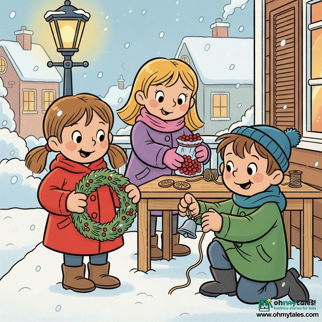 There are three children: Mia, about 5, light brown hair in pigtails, wearing a red coat, standing left and arranging green twigs on a wreath; Leo, about 5, short brown hair, blue hat and green coat, crouched right, tying a small silver bell to the wreath with string and smiling mischievously; Nora, about 5, blond hair under a pink scarf, purple coat, standing behind a wooden table and offering a small bag of shiny red cranberries to Mia; they are on a snowy front porch with a lit vintage lamppost, a wooden table with dried orange slices and string, and houses with lit windows in the background as snowflakes fall, creating a warm, wintry scene of children collaboratively decorating a Christmas wreath.