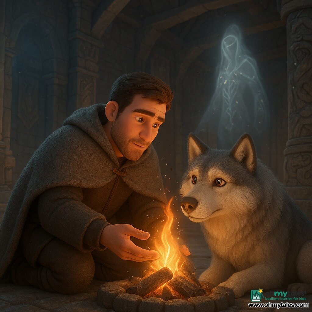 A man (~35, square face, short brown hair, light beard, warm determined gaze) in a heavy grey wool cloak and snow-dusted leather boots kneels at a large stone hearth, gently blowing on a glowing ember to relight a flame; a loyal male dog with thick white-and-grey fur and bright amber eyes rests its muzzle on his hand, confident and affectionate; a nonhuman spectral guardian of silvery mist and glowing runes floats near carved pillars in the background. The scene is a great ancient hall beneath a mountain with grey dressed stone, dragon-and-wolf pillars, faded banners, golden shafts of light through cracks and thin smoke rising to wooden beams. Moment of rebirth as the ember becomes a golden flame, illuminating faces with warm halos and dancing sparks; palette contrasts cold blue-grey stone and snow with warm golds and reds. Composition: slightly overhead close shot on the man and hearth with the dog in the foreground and the guardian and pillars in the depth. Visual style: soft, rounded 3D render with realistic wool, leather and stone textures, readable childlike expressions and cinematic warm lighting.