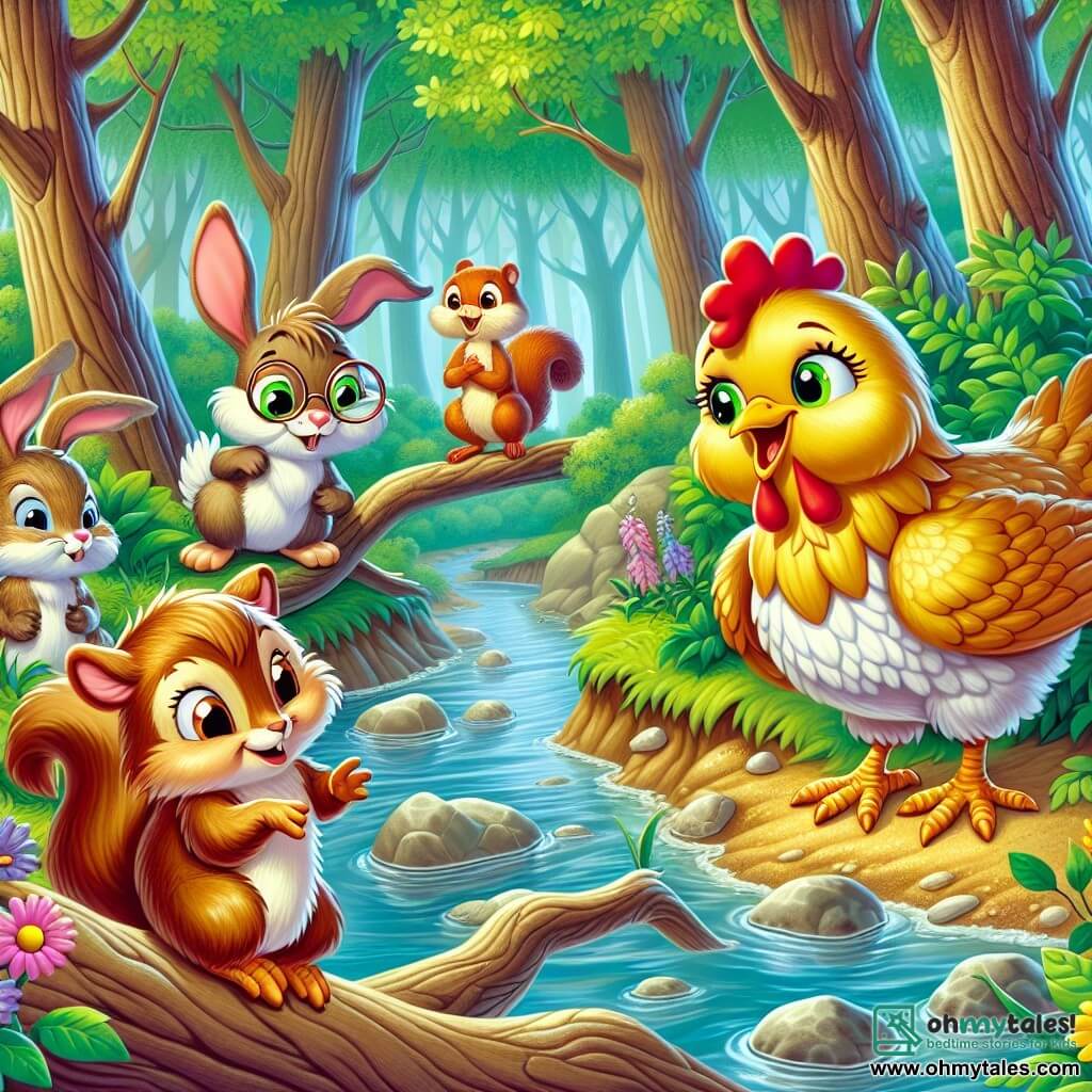 A hen named Henrietta, with golden feathers soft as clouds, stands by a stream, her eyes shining with worry and determination. She sings enthusiastically, her wings slightly spread, ready to help her friends. Beside her, Benny the rabbit, with large ears and brown fur, looks on bravely, ready to jump into adventure. Lily the squirrel, with a bushy tail and mischievous eyes, climbs a branch, curiously observing the scene. Max the mole, wearing small round glasses, stands a bit back, holding an open book, looking thoughtful. The usually cheerful stream is dry, with parched stones and wilted flowers all around, creating a sad atmosphere. The scene takes place in the enchanted forest of Willow Wood, where majestic trees with thick trunks and bright green leaves form a natural canopy above them. Henrietta and her friends prepare to solve the mystery of the missing water, united by their friendship and determination to bring magic back to the stream.