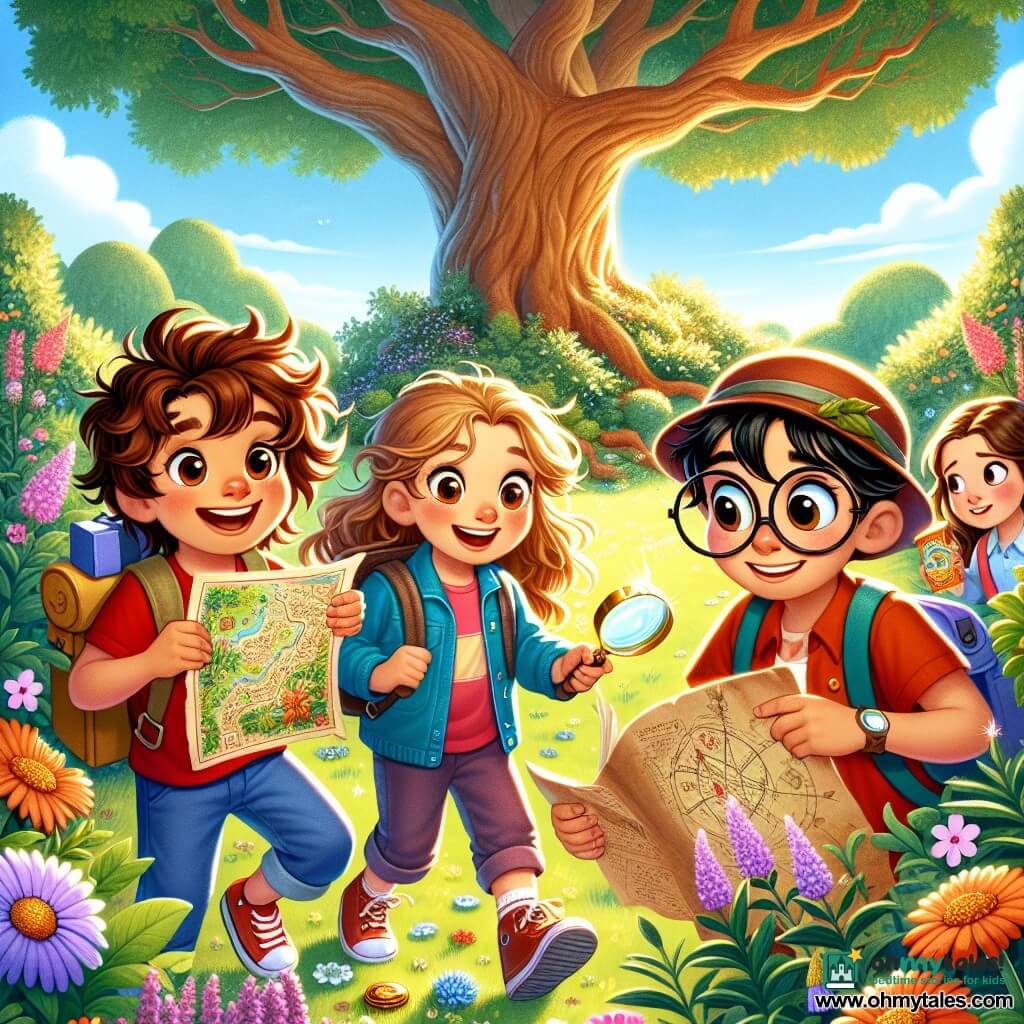 An 8-year-old boy, Max, with messy brown hair and round glasses, smiles excitedly while holding a treasure map. He wears a red t-shirt and blue shorts, and his eyes shine with curiosity. Beside him, Mia, an 8-year-old girl with long blonde hair, carries a colorful backpack filled with snacks and looks at the map with intrigue. Sam, an 8-year-old boy with black hair and glasses, leans forward, holding a magnifying glass, focused on a shiny stone on the ground. Lily, an 8-year-old girl with brown hair and an explorer hat, kneels nearby, examining a clue on the ground with a big smile. The scene takes place in a sunny garden filled with colorful flowers and a majestic oak tree, surrounded by bushes that create an enchanted forest. The children are surrounded by decorated leaves and stones, and the atmosphere is filled with laughter and excitement. Max and his friends are on a quest to discover hidden treasure, searching for clues on the map while having fun together.