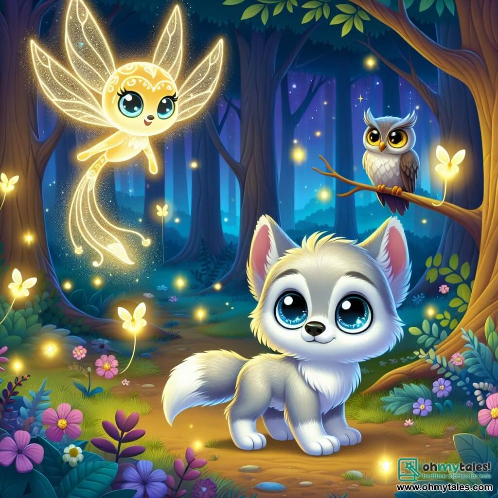 A small silver-furred wolf with large, round, curious eyes stands in the middle of an enchanted forest, looking around with a mixture of wonder and slight nervousness. He is surrounded by sparkling fireflies dancing in the night air. Nearby, a glowing will-o'-the-wisp with a golden body and delicate wings flits joyfully around the wolf, displaying a friendly and encouraging expression, ready to help him overcome his fear. A wise owl perched on a high branch observes the scene with piercing eyes, offering a reassuring smile as if guiding the wolf on his nighttime adventure. The scene takes place in a magical forest with tall, majestic trees, moonlit leaves, and a ground covered in vibrant night-blooming flowers. Twinkling stars dot the sky, adding a touch of magic to the atmosphere. Although a bit fearful, the little wolf courageously begins to explore the night forest, fascinated by the beauty around him, while the will-o'-the-wisp encourages him to discover the hidden wonders of the night.