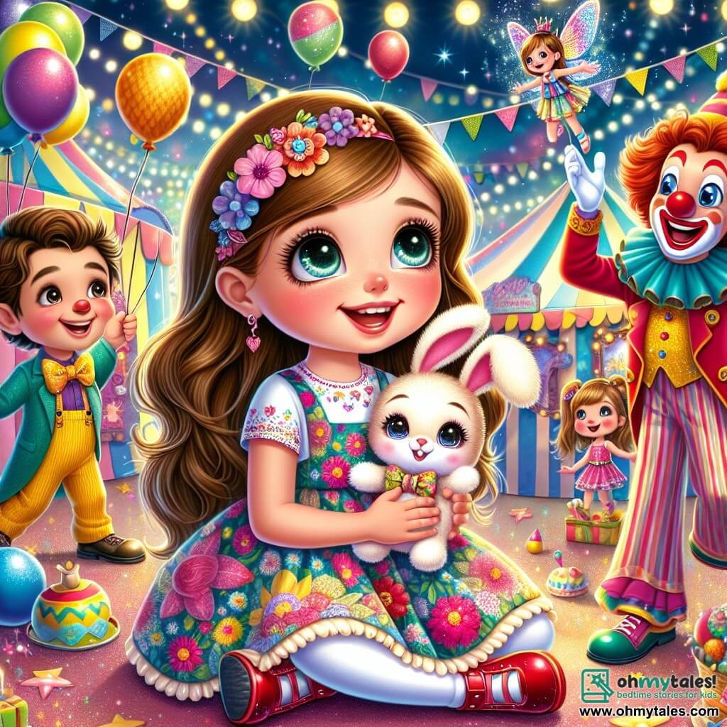 An 8-year-old girl named Lila, with long brown hair and sparkling curious eyes, wears a colorful flower-patterned dress and shiny red shoes. She smiles in wonder, holding her adorable stuffed rabbit, Mr. Whiskers, close to her chest. Next to her, a joyful clown in his thirties, with a big red nose and a bright smile, juggles colorful balls, adding a touch of magic to the scene. A little fairy named Twinkle, with sparkling wings and a flower crown, flies around Lila, sprinkling stardust. The setting is a vibrant carnival filled with colorful tents, twinkling lights, and candy stands. Balloons float in the air, and children's laughter echoes, creating a joyful and festive atmosphere. The main scene shows Lila, amazed, discovering the magical world of the carnival, surrounded by fantastic creatures and enchanting performances, while the clown and the fairy share moments of joy and friendship with her.