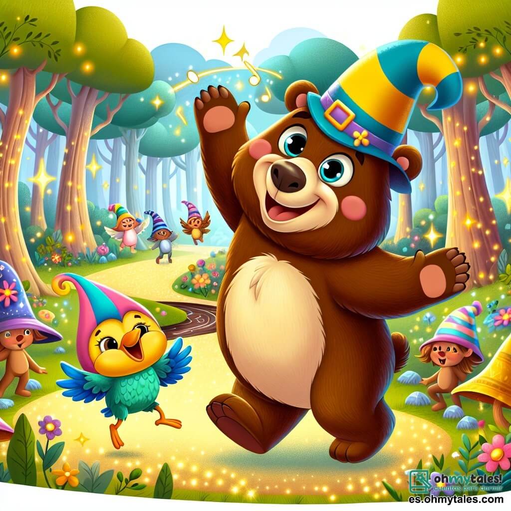 Un gran oso curioso llamado Pablo, con pelaje marrón y ojos brillantes de alegría, baila alegremente en una clara encantada, con una gran sonrisa en su rostro. A su lado, un pequeño pájaro colorido llamado Tito, con plumas amarillas y azules, salta de alegría, con las alas extendidas, mientras canta una melodía pegajosa. El lugar es una clara mágica del bosque de la Fantasía Luminosa, rodeada de árboles de troncos coloridos que parecen sonreír, con flores brillantes que ríen y un arroyo de chocolate que brilla bajo el sol. La situación principal muestra a Pablo y Tito invitando a pequeños duendes con sombreros coloridos, que bailan y tocan música alegre, creando un ambiente festivo y lleno de risas.