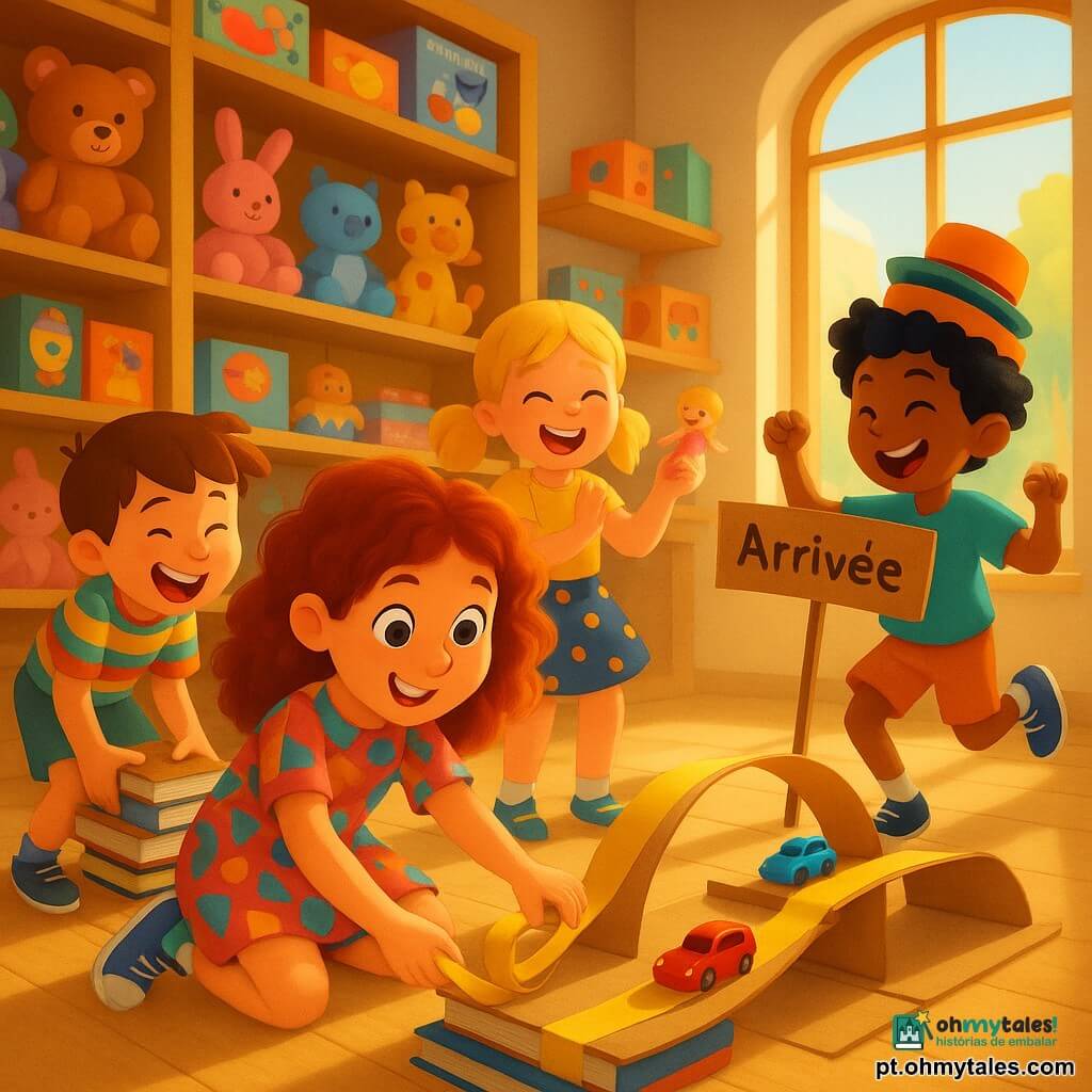 Uma menina de 10 anos, cabelos encaracolados castanho-avermelhados, olhos grandes e curiosos, sorriso vivo, veste um vestido colorido e ténis, ajoelhada a colar uma pista improvisada com fita adesiva amarela e livros empilhados, expressão entusiasmada e concentrada; à esquerda Tomás, ~10 anos, cabelos curtos castanhos, sorriso travesso, camiseta às riscas, meio a cair e a rir enquanto apanha livros; atrás a Joana, ~10 anos, cabelos loiros em rabo, saia às bolinhas, a aplaudir e a estender uma pequena figura de boneca; à direita Lucas, ~10 anos, cabelos pretos encaracolados, usa três mini-chapéus empilhados e faz uma dança cómica enquanto segura uma placa de cartão “Chegada”; local: loja de brinquedos acolhedora com prateleiras de madeira cheias de peluches, caixas ilustradas e velhos puzzles, chão em madeira clara, luz do sol pela vitrine e brinquedos espalhados; situação: quatro amigos montam uma pista de corrida caseira para carrinhos vermelhos e azuis que correm por curvas de cartão, ambiente dinâmico, alegre, cheio de risos, cores vivas e texturas táteis.