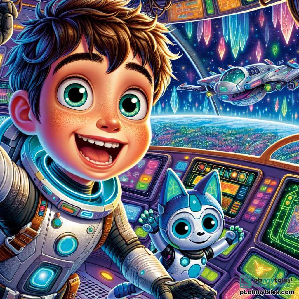 Davi, um garoto de 8 anos com cabelos castanhos bagunçados e olhos brilhantes de curiosidade, usa um uniforme espacial prateado. Ele está em pé no convés da nave Estrela Veloz, com os braços abertos, um grande sorriso no rosto, transbordando de empolgação para conhecer extraterrestres. Ao seu lado, Pixel, seu robô de companhia, é uma pequena criatura azul em forma de cachorro, com orelhas triangulares e olhos brilhantes, que se transforma em dinossauro, pronto para acompanhá-lo nesta aventura. O local é o convés da nave espacial, cheio de luzes piscantes, botões coloridos e uma grande tela holográfica mostrando a bela paisagem de Xylon, com seus cristais cintilantes e montanhas flutuantes. Davi e Pixel observam pela janela, maravilhados, enquanto a nave se aproxima do solo de Xylon, prontos para seu primeiro contato com os misteriosos habitantes deste mundo fascinante.