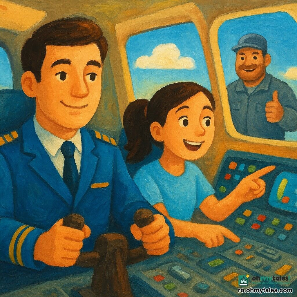 Un bărbat, căpitanul Alex, cu păr brun scurt și expresie încrezătoare, poartă o vestă albastră de pilot cu epoleți aurii și ține ferm manșa în cabina luminoasă, zâmbind ușor; copilotă Mara (≈28 ani), cu păr prins în coadă de cal, stă la dreapta și arată entuziasmată către un ecran colorat; mecanicul Radu (≈40 ani), în salopetă gri și șapcă, apare la ușa cabinei și face un semn cu degetul mare în sus lângă aripă; cabina are panouri cu butoane colorate, ecrane verzi și albastre, leviere cromate și hublouri prin care se vede un cer albastru cu nori albi; avionul e la decolare în lumina aurie a dimineții, mișcare blândă, atmosferă sigură și aventuroasă, culori vii și forme rotunjite, stil pictură acrilică pentru copii cu tușe moi și texturi groase.