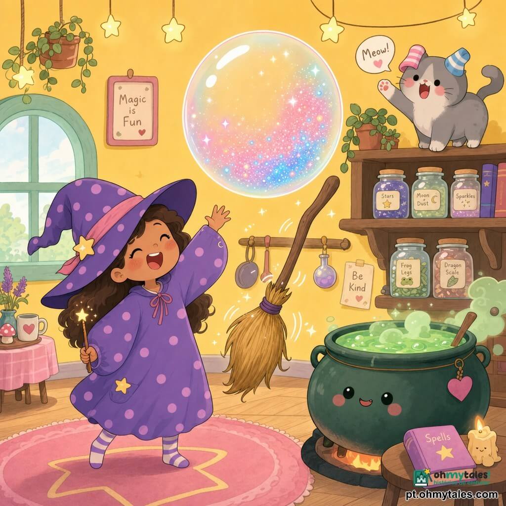 Lili, aprendiz de bruxa de cerca de 6 anos, alegre e maravilhada, usa um grande chapéu pontudo que lhe tapa um olho, vestido curto roxo de bolinhas, meias listradas e segura uma varinha brilhante que deixou escapar uma enorme bolha transparente cheia de glitter rosa e azul; Lili estende as mãos rindo, Pingo, o gato de meia macho, pequeno e rechonchudo com uma meia em cada orelha, está numa prateleira próxima olhando a bolha e miando com a pata levantada, uma vassoura velha de madeira com cerdas douradas gira no ar empurrada pela bolha, a cena passa numa cozinha de bruxa acolhedora e colorida com caldeirão fumegante verde, frascos etiquetados, prateleiras de madeira, luzes em forma de estrela e paredes amarelo mostarda, estilo kawaii minimal, paleta pastel, traços simples e contornos arredondados, atmosfera encantadora e divertida.