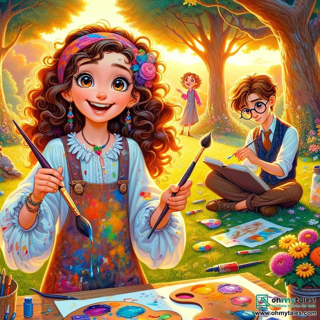 Mia, a twelve-year-old girl, is at the center of the image with long curly hair and sparkling creative eyes. She wears a colorful, paint-stained apron and smiles joyfully while holding a brush in one hand and a palette of vibrant colors in the other, ready to paint her masterpiece. Next to her, Leo, a boy her age with messy brown hair and round glasses, sits on the grass, focused on his sketchbook. He looks excited, his eyes shining with enthusiasm as he draws a landscape inspired by their surroundings. The setting is a lush park, bathed in golden light from the setting sun. Majestic trees surround the scene, their leaves gently dancing in the wind, while colorful flowers dot the ground. In the background, children play and laugh, adding to the joyful atmosphere. The main situation shows Mia and Leo engaged in artistic creation, surrounded by friends, sharing laughter and ideas, with colorful artworks displayed around them, reflecting their shared passion for art.
