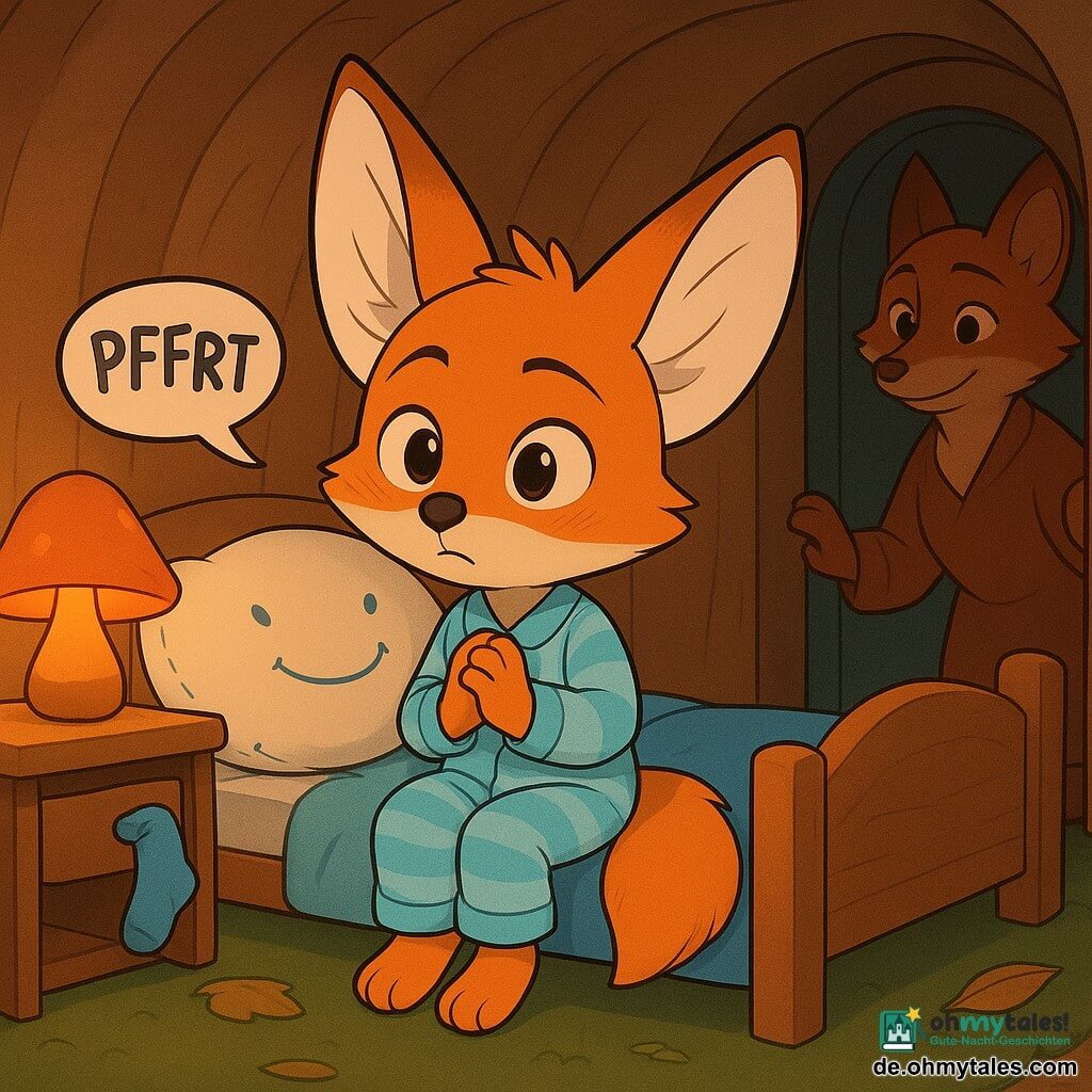 Ein junger anthropomorpher Fennek-Fuchs mit leuchtend orangefarbenem Fell und weißer Brust, großen haselnussbraunen Augen, die vom Zurückhalten eines Lachens leicht gerötet sind, trägt hellblau gestreiften Schlafanzug, sitzt aufrecht am Bettrand, Hände gefaltet, Blick ernst und gerührt; ein rundes prall gefülltes weißes Kissen mit blauen Nähten und einem gestickten lächelnden Gesicht liegt unter seinem Kopf und zeigt als Sprechblase pffrt in komischer Schrift; die Mutterfuchs, größer, dunkler rötliches Fell und sanfte Augen, steht im Eingang der Höhlenkammer mit der Hand am Türrahmen, zärtlich-amüsiert; eine kleine blaue Socke hängt halb aus einer offenen Kommode, und eine pilzförmige Lampe wirft warmes orangenes Licht; Boden mit grünem Moosteppich und ein paar trockenen Blättern, abgerundete Holzwände wie eine gemütliche Höhle; ruhige, behagliche Szene, Komposition zentriert auf das Bett, leicht schräge Blickwinkel für intime nächtliche Stimmung, warme Farbtöne (Orange, sanftes Blau, Moosgrün), weiche Cel-Shading-Schatten und leicht gefilzte Texturen für kindlich-beruhigenden Eindruck.