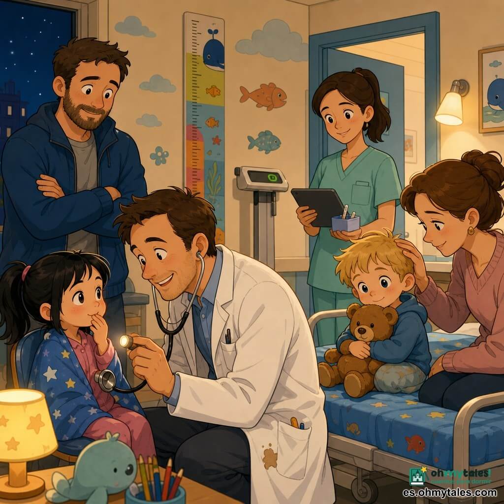 Un médico de unos 35 años, rostro redondo y sonriente, cabello corto castaño, bata blanca con una pequeña mancha de café, se agacha para estar a la altura de una niña y sostiene un estetoscopio brillante y una pequeña linterna; la niña (Luna, ~5 años) con coletas negras y una manta azul con estrellas, ojos grandes y aliviados, sentada en una silla junto a una mesa con la mano en la boca; un niño (Nico, ~4 años) de pelo rubio revuelto abraza un peluche marrón, tímido pero orgulloso, sentado en una cama infantil a pocos pasos mientras su madre le acaricia el cabello; una enfermera (Sonia, ~30 años) de piel clara con uniforme verde menta sostiene una tableta y una caja de termómetros junto a la puerta; la escena transcurre en una sala de pediatría de hospital nocturno con paredes crema decoradas con nubes y peces, una regla mural para medir la altura, una báscula digital con luz verde y luz suave; el médico examina a la niña con la linterna y el estetoscopio mientras el niño observa, la enfermera organiza los instrumentos y el padre de la niña (hombre adulto con barba corta y chaqueta azul) está detrás, aliviado, con ambiente tranquilo, gestos atentos y colores cálidos.