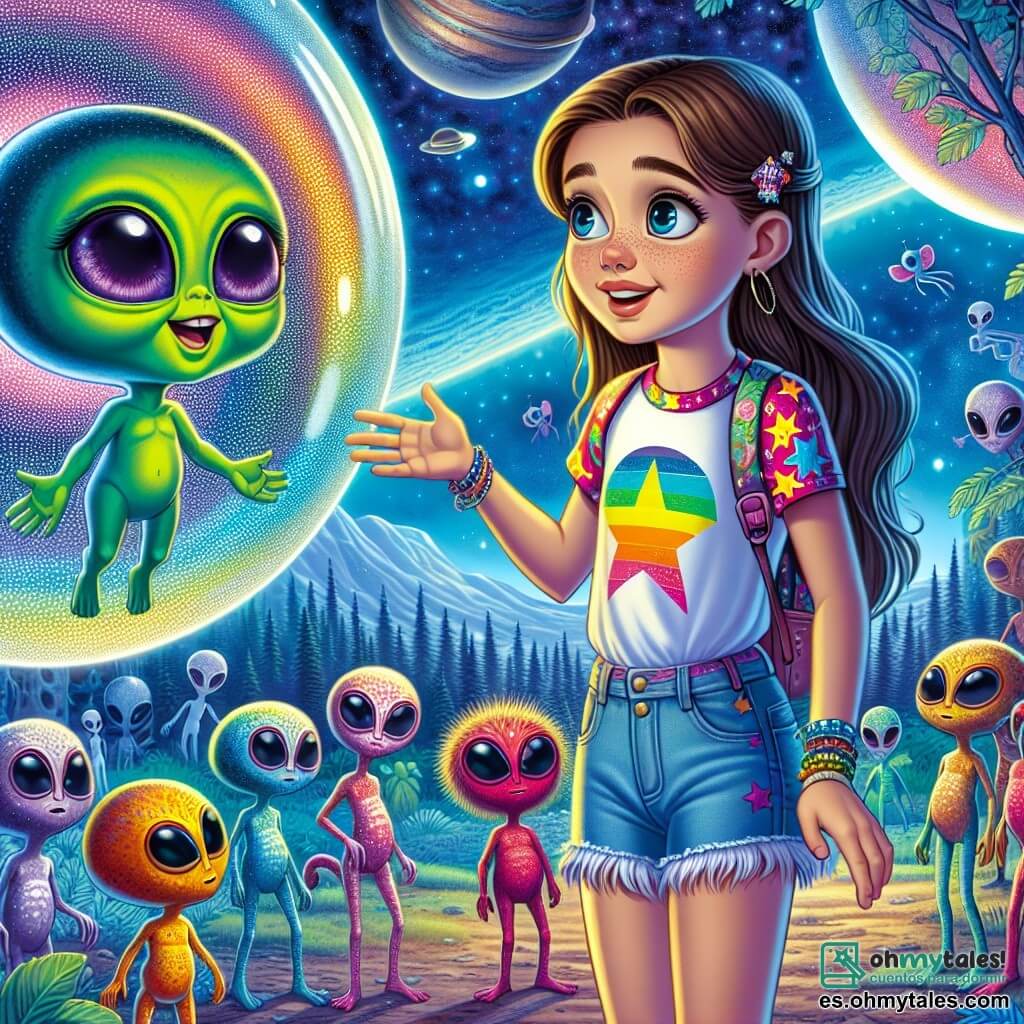 En el centro de la imagen, una niña de 12 años, llamada Sofía, con largos cabellos castaños y ojos brillantes de curiosidad, sonríe con asombro al ver a un pequeño extraterrestre. Lleva una camiseta colorida con estampados de estrellas y un pantalón corto de denim, frente a una esfera metálica brillante que se abre, revelando a un ser verde luminoso con grandes ojos morados, llamado Zilo. A su lado, hay un grupo de criaturas extraterrestres de diferentes formas y colores, algunas flotando en el aire, otras caminando sobre patas multicolores, todas observando la escena con fascinación. El decorado es un paisaje extraterrestre vibrante, con montañas de tonos azules y árboles con hojas brillantes de colores vivos, bajo un cielo estrellado lleno de planetas y nebulosas. La situación principal muestra a Sofía y Zilo encontrándose por primera vez, con Sofía extendiendo la mano hacia Zilo, lista para descubrir un nuevo mundo, mientras los otros extraterrestres los rodean, creando una atmósfera de emoción y magia.