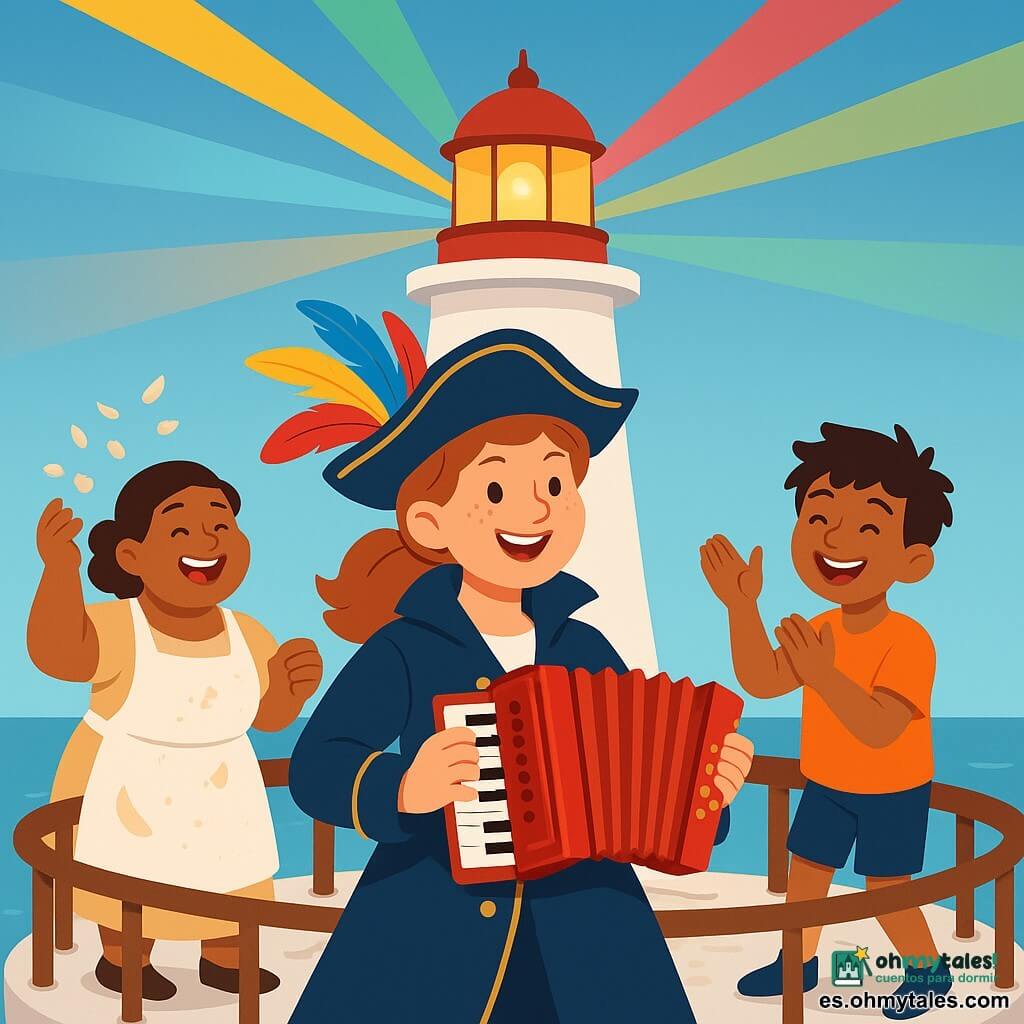 La protagonista es la capitana Lila, una chica alegre y decidida de rostro redondo con pecas y sombrero pirata con plumas, vestida con abrigo azul marino, que toca un pequeño acordeón rojo brillante; junto a ella está Nico, un chico de unos 10 años de cabello alborotado que aplaude y salta de alegría, y Jacinta, la cocinera adulta y rolliza con delantal manchado que ríe lanzando confeti de conchas; la escena ocurre en la cima de un faro de piedra blanca con barandilla de madera y lámparas de colores, cuando la nota clara del acordeón, ahora afinado, dispersa la bruma y baña el mar con haces de luz multicolor en una atmósfera luminosa y festiva.
