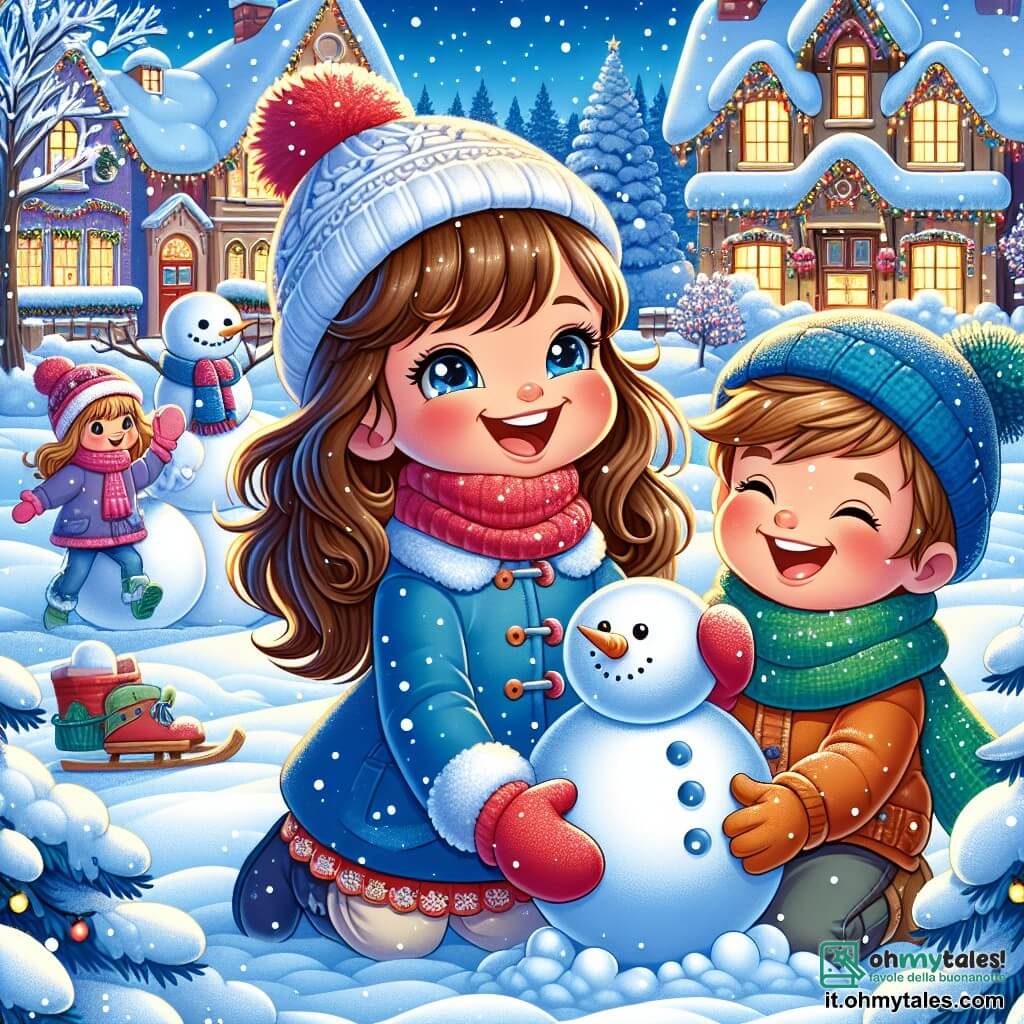 Una bambina di 3 anni, con lunghi capelli castani e occhi scintillanti, indossa un bel cappotto blu, guanti rossi e un berretto di lana. Ride gioiosamente mentre costruisce un grande pupazzo di neve, con le guance arrossite dal freddo. Accanto a lei, un bambino di 4 anni di nome Marco, con capelli biondi arruffati e un sorriso splendente, rotola una grossa palla di neve. Indossa una sciarpa verde e un cappotto arancione, guardando Sofia con entusiasmo. Lo sfondo è un incantevole villaggio innevato, con case colorate dai tetti coperti di neve, luci scintillanti e alberi decorati con ghirlande. Il cielo è di un blu profondo, punteggiato da fiocchi di neve che cadono dolcemente. La scena mostra Sofia e Marco mentre creano un pupazzo di neve, circondati da altri bambini che si divertono a giocare nella neve, mentre una dolce luce del tardo pomeriggio illumina il paesaggio invernale.