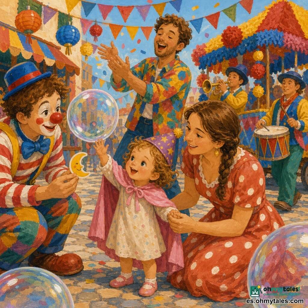 Una niña de 2 años, alegre y risueña, cabello castaño claro y rizado, ojos grandes, con capa rosa y pequeño sombrero estrellado intenta tocar una gran burbuja translúcida; su madre de unos 30 años, sonriente y protectora, con trenza y vestido de lunares, está arrodillada tomándole la mano, y el padre de unos 32 años, cantando con camisa colorida y vaqueros, aplaude y lanza confeti; a la izquierda pasa un pequeño payaso de unos 25 años con maquillaje redondo y traje a rayas ofreciendo una calcomanía en forma de luna. La calle del carnaval, adoquinada y decorada con guirnaldas, banderines y faroles, muestra puestos de madera pintados, tambores y una trompeta al fondo y un carro adornado con papel crepé rojo, amarillo y azul; burbujas gigantes brillan en primer plano, colores vivos y texturas gruesas de gouache, con la niña y la burbuja como centro de atención.