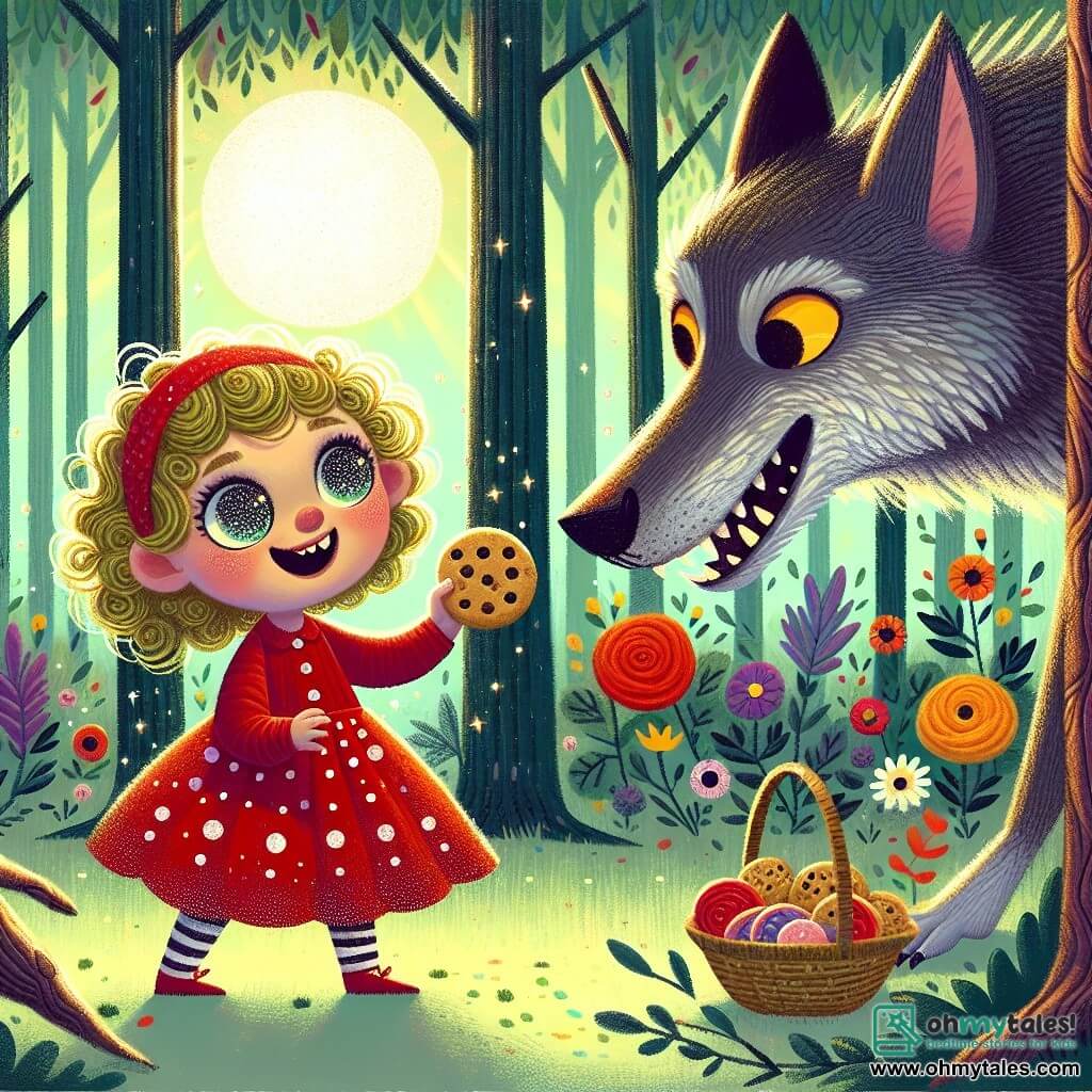 A 3-year-old girl with sparkling big eyes and curly blonde hair stands bravely in front of a big bad wolf. She wears a red dress with white polka dots and holds a small basket filled with cookies, displaying a determined yet joyful expression on her face. The big bad wolf, with gray fur and piercing yellow eyes, stands just behind her, looking surprised while holding a cookie in one paw. He appears less threatening, as if beginning to understand kindness. In the background, the scene takes place in an enchanted forest, with tall, gnarled trees, colorful flowers dancing in the wind, and rays of sunlight filtering through the leaves. The little girl faces the wolf, throwing him a cookie with a big smile, while the wolf, surprised, seems torn between his predatory nature and the desire to become friends.