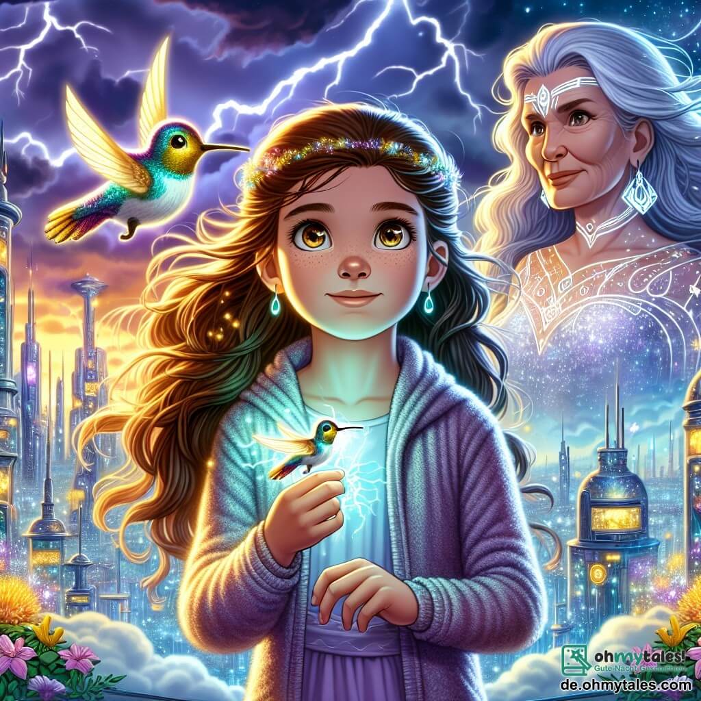 Ein 12-jähriges Mädchen, Lina, mit langen braunen Haaren und neugierigen Augen, steht auf dem Dach eines futuristischen Gebäudes, der Wind spielt mit ihren Haaren. Sie hat einen entschlossenen und mutigen Ausdruck und hält einen kleinen, kolibri-förmigen Droiden, Axiom, der in sanftem, freundlichem Licht leuchtet. Neben ihr beobachtet Seraphina, eine ältere Frau mit silbernen Haaren und einem schwebenden, mit magischen Symbolen verzierten Kleid, sie mit einem weisen und schützenden Blick, bereit zu helfen. Die Szenerie ist eine Mischung aus funkelnden Wolkenkratzern aus Glas und alten Steintürmen, unter einem stürmischen Himmel, in dem Blitze den Horizont erhellen. Die Stadt Arkanopolis pulsiert mit magischen Lichtern im Rhythmus der umgebenden Energie. Die Hauptsituation zeigt Lina und Seraphina, die sich darauf vorbereiten, einer dunklen Präsenz entgegenzutreten, die das Gleichgewicht ihrer Welt bedroht, umgeben von einer Aura aus Lichtenergie und spürbarer Anspannung, während Blitze den Himmel über ihnen durchzucken.