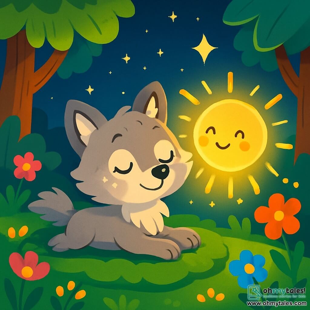 In an enchanted clearing, a small wolf named Luna, with soft, fluffy fur and bright eyes like stars, peacefully stretches on a bed of green moss. She displays an expression of serenity and happiness, her ears slightly perked up, as she breathes deeply, enjoying the fresh, fragrant air. Next to her, a gentle ray of sunshine, personified by a golden, sparkling light, joyfully dances, casting glimmers of light on the colorful flowers around her. This ray seems happy and friendly, illuminating the scene with warmth and magic. The place is a lush forest, with majestic trees, vibrant leaves, and a night sky sprinkled with twinkling stars. The clearing is bathed in a soft, soothing glow, creating an atmosphere of calm and dreaminess. Luna, lying on her moss, closes her eyes and lets herself be carried away by the sweet melody of the forest, while the ray of sunshine surrounds her with warmth, inviting her to dive into a world of peaceful and enchanting dreams.