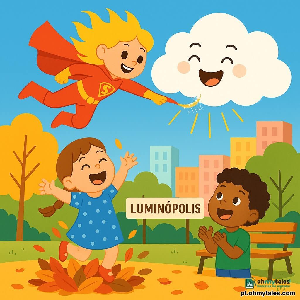 Uma super-heroína sorridente e dinâmica, cabelos dourados como o sol, traje vermelho e amarelo com capa leve, voa em diagonal e faz cócegas na nuvem Nuvem com um laço mágico cintilante para trazer de volta o sol; uma menina de cerca de 5 anos, pele clara e trança castanha, em vestido azul de bolinhas, ri e salta num monte de folhas à esquerda em primeiro plano; um menino de cerca de 6 anos, cabelos cacheados pretos e camiseta verde, aplaude junto a um banco à direita; a nuvem Nuvem é grande, branca e fofinha, com olhos redondos e sorriso, deixando passar raios de sol dourados; o cenário é um parque urbano colorido de Luminópolis — árvores verdes e amarelas, tapete de folhas laranja, postes redondos, prédios em tons pastéis e céu azul claro; cena alegre e luminosa, atmosfera quente, cores vivas, formas simples e contornos nítidos.