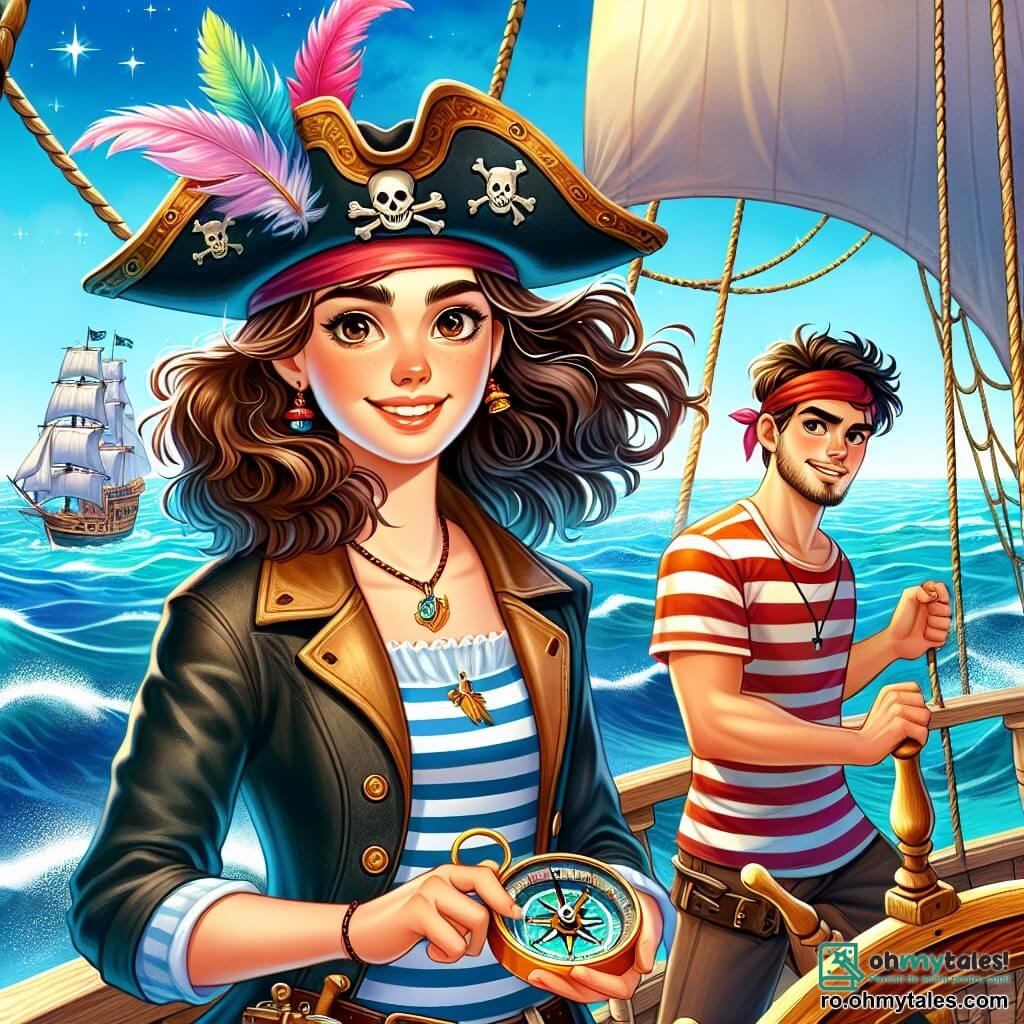 O tânără pirat, Mara, stă mândră pe puntea navei sale, Sirena Rosie. Are părul ondulat și brunet, ochi strălucitori de determinare și un zâmbet mare care îi arată curajul. Poartă o pălărie de pirat împodobită cu pene colorate și o jachetă din piele uzată, cu o curea plină de unelte de navigație. Lângă ea, Vasil, un băiat de 20 de ani, ține o busolă, cu fața marcată de excitație. Are părul scurt și o cămașă cu dungi, privind atent la mare. Mai departe, Toma, un tânăr de 18 ani, ajustează pânzele, brațele sale musculoase arătându-i munca asiduă. Zâmbește jucăuș și poartă un bandană roșie. Locul este un ocean vast și strălucitor, sub un cer albastru deschis cu nori albi. Nava alunecă pe valuri de un albastru profund, iar în depărtare se profilează o insulă misterioasă, cu palmieri verzi și stânci abrupte. Situația principală arată aventura lui Mara și a echipajului său, pregătiți să exploreze o insulă legendară în căutarea unui tezaur ascuns, cu entuziasm și spirit de echipă, hotărâți să depășească toate provocările.