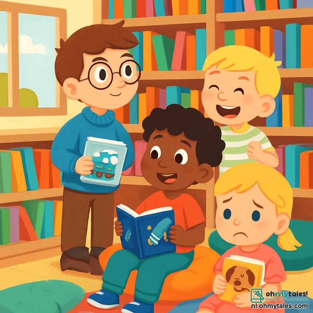 Er zijn 4 kinderen: - Mats: een 6-jarig jongetje met bruin haar en een bril met ronde glazen. Hij draagt een grote blauwe trui en houdt een boek over treinen in zijn handen. Hij staat bij een raam en kijkt nieuwsgierig. - Amir: een 6-jarig jongetje met zwarte krullen en sprankelende ogen. Hij draagt een rode t-shirt en glimlacht terwijl hij een boek over de ruimte leest. Hij zit op een zacht kussen naast Mats. - Jesse: een 6-jarig jongetje met blond haar en een ondeugende glimlach. Hij draagt een groene short en een gestreept t-shirt. Hij staat lachend net achter Amir. - Lotte: een 4-jarig meisje met blond haar in twee kleine vlechten. Ze draagt een roze jurk met hondenmotieven en houdt een boek over honden in haar armen. Ze zit op een tapijt, iets achteraan, met een verdrietige uitdrukking. De locatie is een lichte en uitnodigende bibliotheek met grote planken vol kleurrijke boeken. Zachte tapijten liggen verspreid over de vloer en er zijn kussens van verschillende vormen in het leesgebied. Een groot raam laat zonlicht binnen, dat de pagina's van de boeken verlicht. De belangrijkste situatie toont de kinderen die op zoek zijn naar een verloren boek. Mats kijkt geconcentreerd naar de planken, terwijl Amir en Jesse hem enthousiast aanmoedigen. Lotte, een beetje verdrietig, houdt haar favoriete boek vast terwijl ze hoopt haar boek over honden terug te vinden. De sfeer is zowel serieus als vol kameraadschap, wat het belang van samenwerking en vriendschap illustreert.