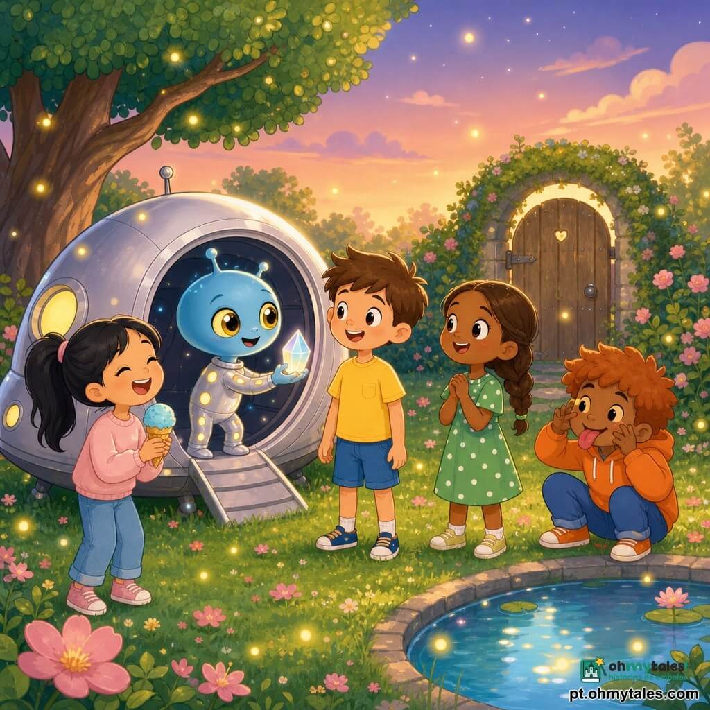 Cinco personagens: Tomás, rapaz de 10 anos, cabelos castanhos curtos, sorriso aberto, camiseta amarela e calção azul, ao centro diante de uma pequena nave olhando o extraterrestre; Leonor, menina de 9 anos, cabelo castanho comprido em trança, vestido verde com bolinhas brancas, mãos juntas à direita de Tomás, maravilhada; Sofia, menina de 9 anos, cabelo preto em rabo de cavalo, suéter rosa claro, segura uma bola de sorvete azul, à esquerda de Tomás, rindo; Miguel, rapaz de 10 anos, cabelo ruivo despenteado, hoodie laranja, fazendo careta, agachado junto à margem do lago; Lilu, pequeno extraterrestre azul‑celeste com grandes olhos dourados e uma roupa prateada com pontos luminosos, saindo de uma mini‑nave redonda e inclinando‑se amigavelmente para as crianças. Cenário: jardim secreto ao crepúsculo, relva verde com flores rosa, grande árvore à esquerda, pequeno lago circular brilhante, portão de madeira coberto de musgo ao fundo, luz dourada suave e algumas vaga‑lumes. Situação: encontro amistoso à beira do lago; Lilu desce por uma porta aberta e estende um pequeno cristal luminoso; expressões de alegria e curiosidade, silhuetas simples, cores em tons pastéis (azul‑celeste, amarelo, verde, rosa, laranja), traços arredondados e ambiente caloroso e mágico.