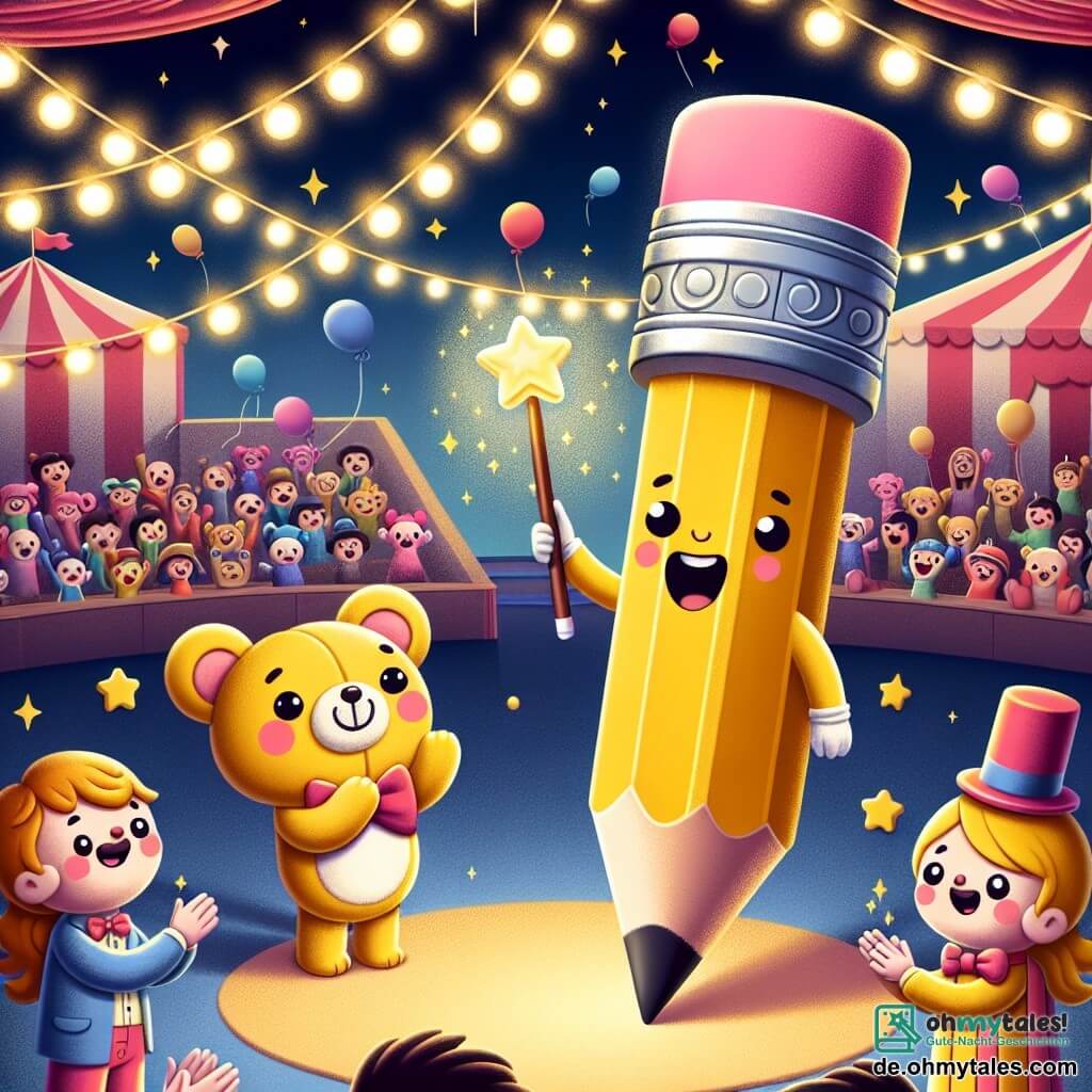 In der Mitte des Bildes lächelt der kleine Bleistift Paul, ein niedlicher gelber Bleistift mit einem großen rosa Radiergummi oben, voller Freude und hält einen glitzernden Zauberstab. Neben ihm applaudiert der Radiergummi Emil, ein Bär-förmiger Radiergummi mit einem freundlichen Gesicht, begeistert mit seinen kleinen Pfoten in der Luft, während die kleine Lilli, ein elegantes, buntes Holzlineal mit Blumenmustern, stolz einen Zirkuswagen hält. Im Hintergrund erhebt sich das große Zirkuszelt majestätisch mit roten und weißen Streifen, beleuchtet von funkelnden Lichterketten. Bunte Ballons schweben in der Luft und begeisterte Zuschauer füllen die Ränge und applaudieren. Paul hat gerade den Zauberstab an den Zauberer, einen Mann im glitzernden Anzug, zurückgegeben, der ihm dankbar zulächelt, während Elfi, der große Elefant mit den großen Ohren und dem sanften Blick, majestätisch daneben steht und mit bunten Bällen jongliert. Die Atmosphäre ist festlich und magisch, erfüllt von Lachen und Staunen.