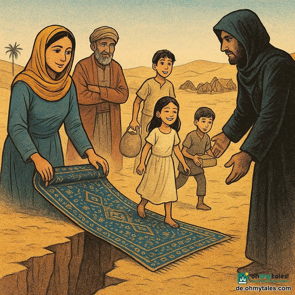 Samira, etwa 30, mit sanftem Gesicht und entschlossenen, ruhigen Augen, lächelt leicht und rollt am Rand einer tiefen Sandspalte einen kleinen blau-gold gemusterten Teppich aus, der als schimmernde, unsichtbare Luftbrücke dient; sie wirkt gelassen und zuversichtlich. Hinter ihr links steht der staunende 17-jährige Lieferjunge Nadim mit zerzausten Haaren und einem Wassersack, rechts der 45-jährige Karawanenführer mit wettergegerbtem Gesicht und Salz-und-Pfeffer-Bart, die Arme verschränkt, erleichtert aber misstrauisch, neben zwei knienden Kamelen; vorn rechts zögert der etwa 35-jährige Anführer der „Schatten“ im dunklen Mantel mit halb verhülltem Gesicht, die Hand ausstreckend, sein Blick wechselt zwischen Herausforderung und Neugier. Ein etwa 8-jähriges Mädchen in hellem Kleid geht zuerst über die Brücke, strahlend, ein 10-jähriger Junge folgt mit einer Medikamentenbox; die Szene spielt an einer weiten goldenen Düne mit enger, tiefer Schlucht, vereinzelt Palmen und einer Karawane aus Zelten, Kisten und Kamelen, warmer spätnachmittäglicher Sonnenschein, sandiges Glitzern; Grafikstil: körnig, sanfte Kontraste, ocker- und blaubetonte warme Farben, Linien wie bei einem alten Zeitungsstich.