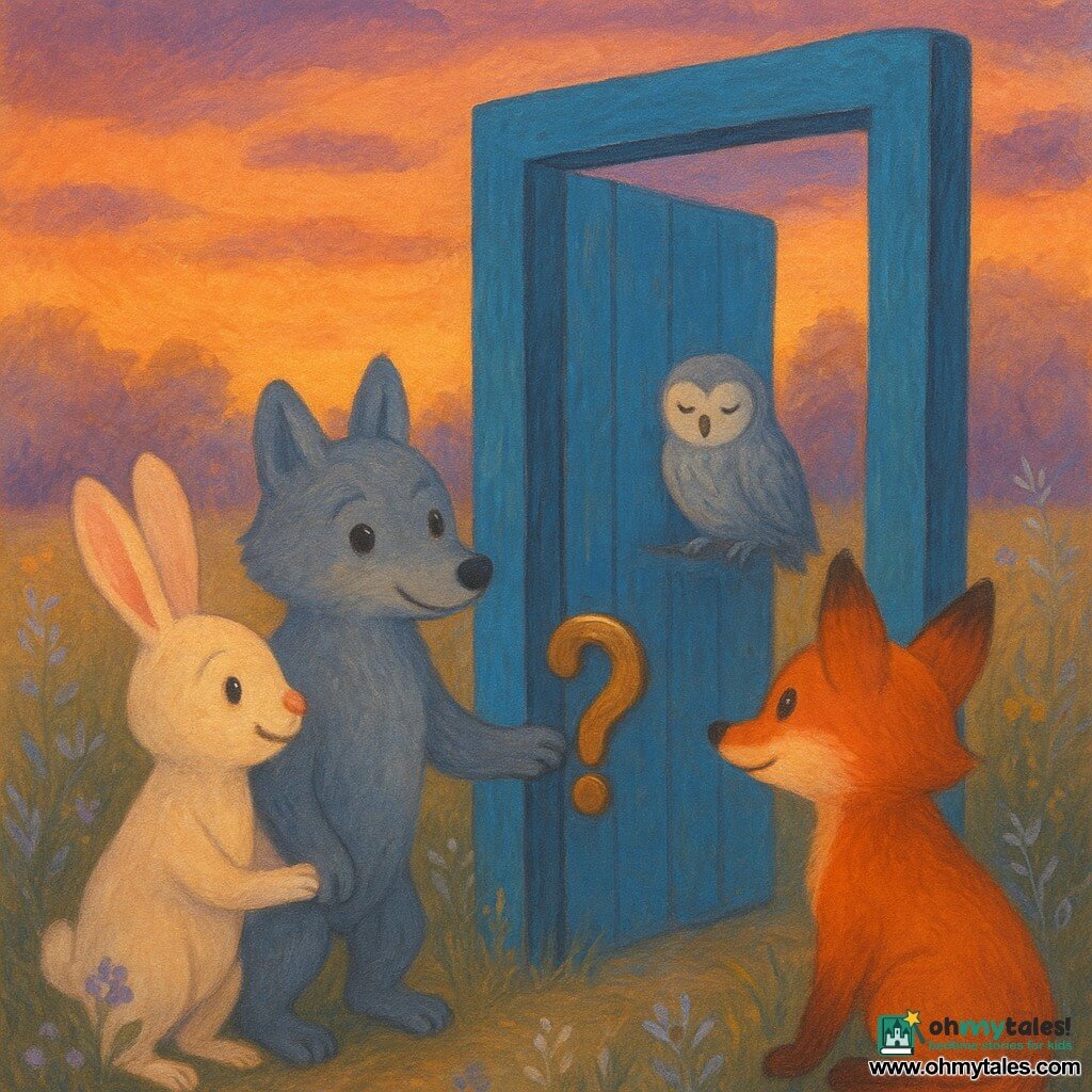 Willow, a small wolf with mist-colored fur and dew-bright eyes, looks curious and reassured, paw on a question-mark shaped brass handle of a blue mountain-colored door standing alone in a meadow; Pine, a shy cream-furred rabbit with long pink ears, smiles and holds Willow’s paw slightly left and foreground; Ember, a young fox with fiery red fur and eager, softened eyes, stands respectfully to the right, ear slightly lowered; through the open door a calm garden with silver grasses and a large gray-feathered owl perched on a log smiles gently; sunset bathes the scene in soft orange and violet light with long shadows, wildflowers and silvery grasses glinting—gouache style, visible textures, soft brushstrokes, saturated warm colors, composition centered on the door and the three friends.